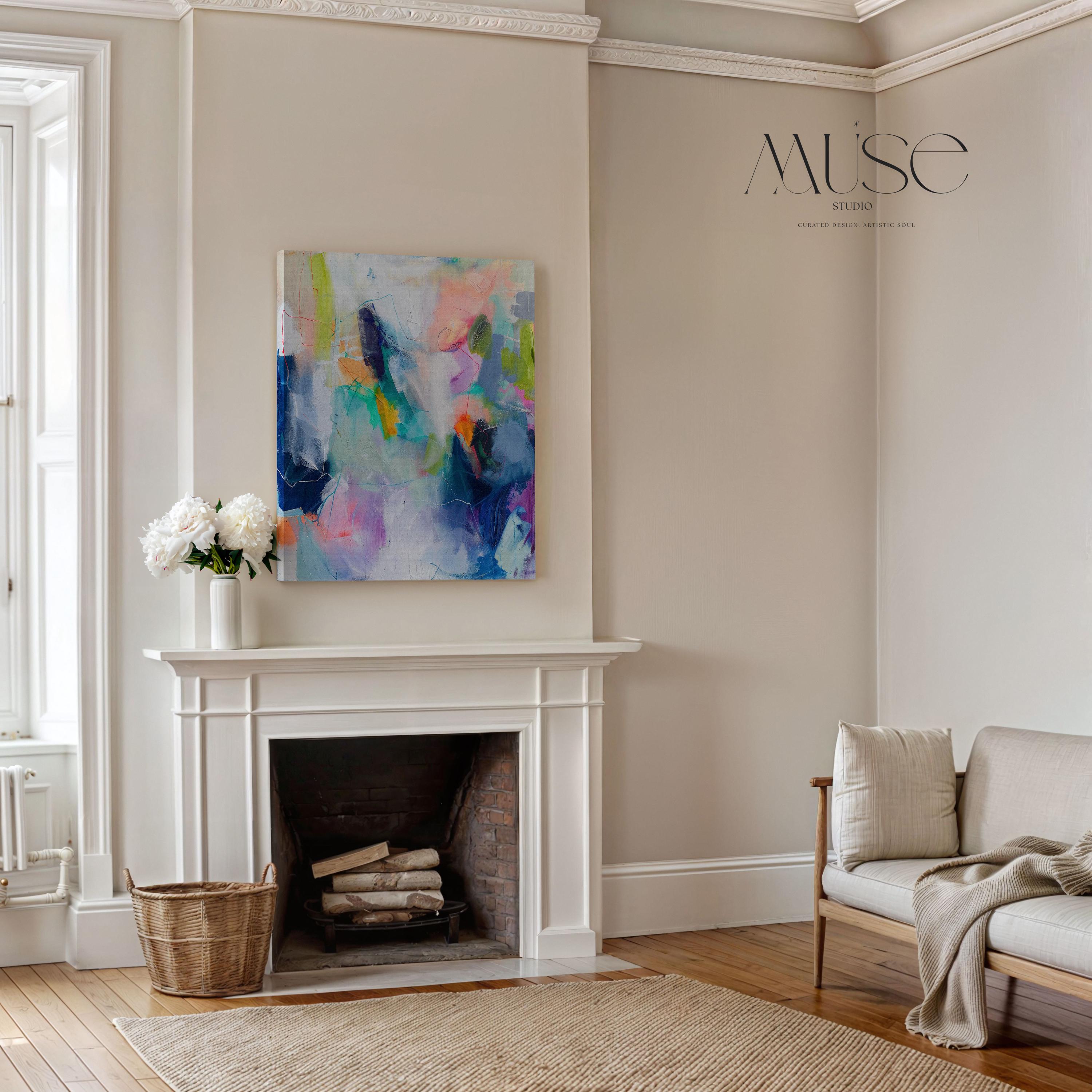 Colorful abstract wall art staged in modern neutral home decor. Large statement art print displayed in living room, bedroom, or office space. Vibrant canvas or giclée print adds bold style to contemporary interiors, perfect for home decor, office staging, and design projects. Muse Studio Decor Art.