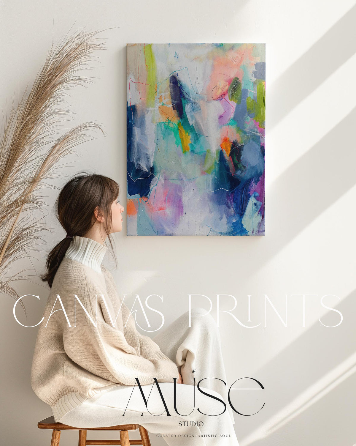 Vertical Canvas Art Large Abstract Painting Blue Purple Colorful Wall Decor for Living Room Bedroom Office Modern Statement Piece | 249 Large colorful abstract art print on stretched canvas, gallery-wrapped and ready to hang. Perfect for vibrant wall decor in homes, modern offices, and staging projects. Giclée canvas print featuring bold brushstrokes, expressive color, and modern statement style. Muse Studio Decor Art.