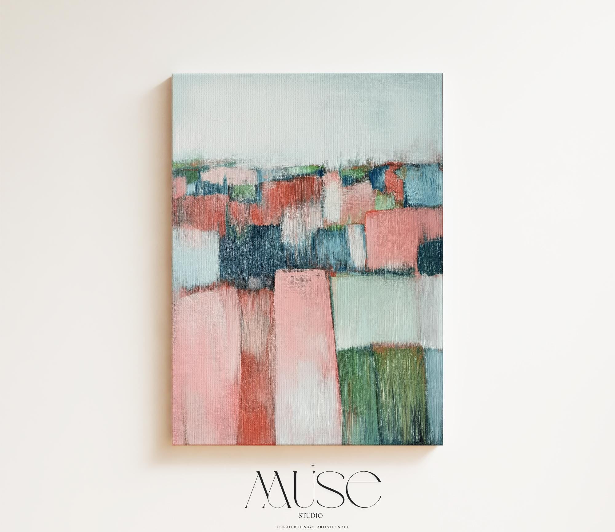 Vertical Abstract Wall Art Soft Coastal Decor Art Framed Canvas in Blush Pink Sage Green Blue Modern Living Room Bedroom Office | 385 Large abstract wall decor on stretched canvas, gallery-wrapped and ready to hang. Perfect for colorful wall art in living rooms, office spaces, and design projects. Giclée canvas print with bold brushwork and vibrant modern style for impactful home decor. Muse Studio Decor Art.