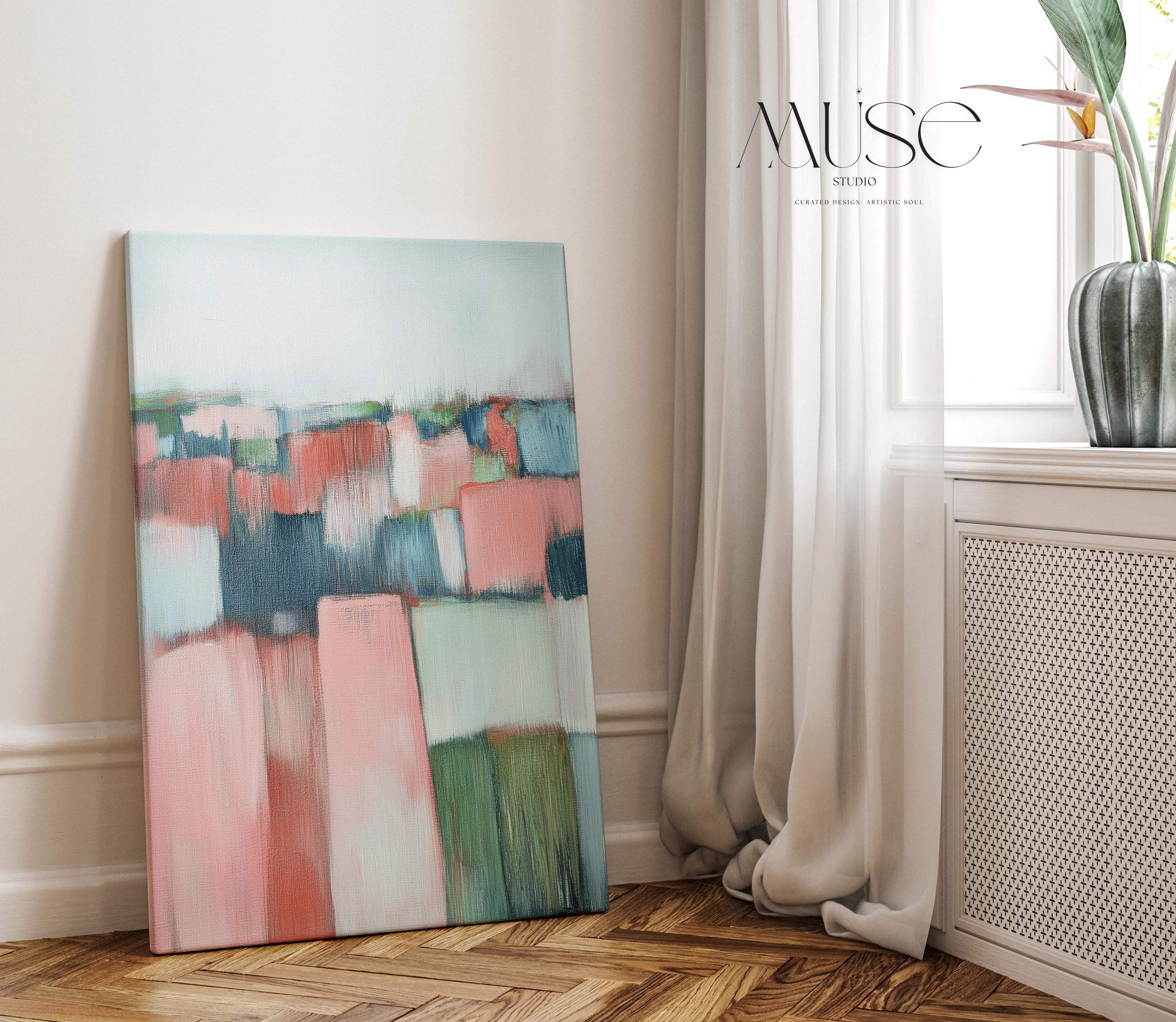 Vertical Abstract Wall Art Soft Coastal Decor Art Framed Canvas in Blush Pink Sage Green Blue Modern Living Room Bedroom Office | 385 Large abstract wall decor on stretched canvas, gallery-wrapped and ready to hang. Perfect for colorful wall art in living rooms, office spaces, and design projects. Giclée canvas print with bold brushwork and vibrant modern style for impactful home decor. Muse Studio Decor Art.