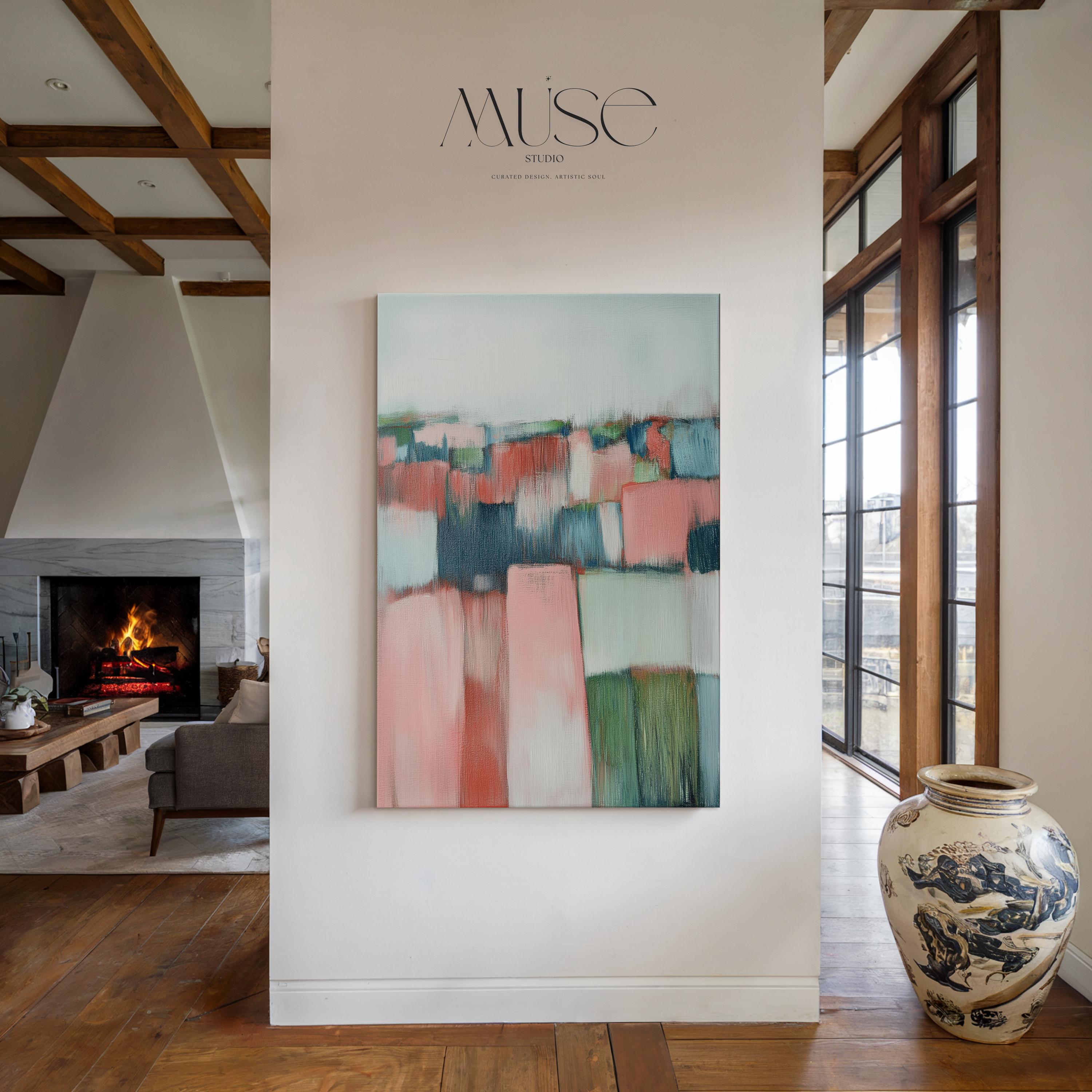 Vertical Abstract Wall Art Soft Coastal Decor Art Framed Canvas in Blush Pink Sage Green Blue Modern Living Room Bedroom Office | 385 Colorful abstract wall decor styled in a modern neutral home. Large statement wall art displayed in living room, bedroom, or office spaces. Vibrant canvas or giclée decor art adds bold visual impact to contemporary interiors, ideal for home staging, office design, and curated spaces. Muse Studio Decor Art.