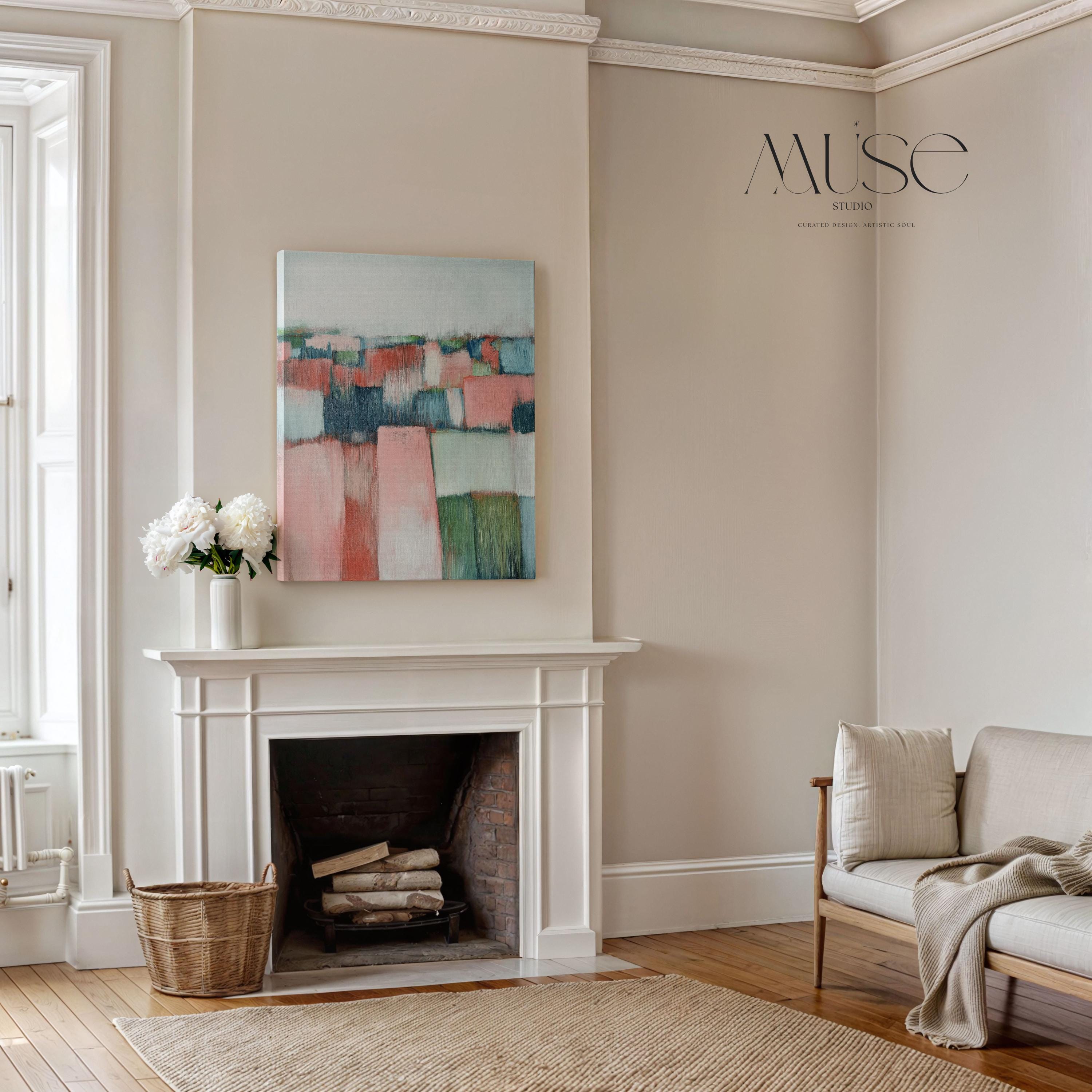 Vertical Abstract Wall Art Soft Coastal Decor Art Framed Canvas in Blush Pink Sage Green Blue Modern Living Room Bedroom Office | 385 Colorful abstract wall decor styled in a modern neutral home. Large statement wall art displayed in living room, bedroom, or office spaces. Vibrant canvas or giclée decor art adds bold visual impact to contemporary interiors, ideal for home staging, office design, and curated spaces. Muse Studio Decor Art.