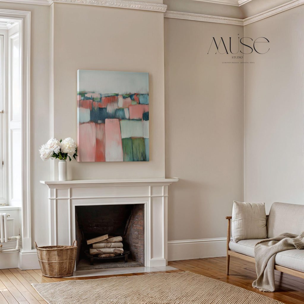 Vertical Abstract Wall Art Soft Coastal Decor Art Framed Canvas in Blush Pink Sage Green Blue Modern Living Room Bedroom Office | 385 Colorful abstract wall decor styled in a modern neutral home. Large statement wall art displayed in living room, bedroom, or office spaces. Vibrant canvas or giclée decor art adds bold visual impact to contemporary interiors, ideal for home staging, office design, and curated spaces. Muse Studio Decor Art.