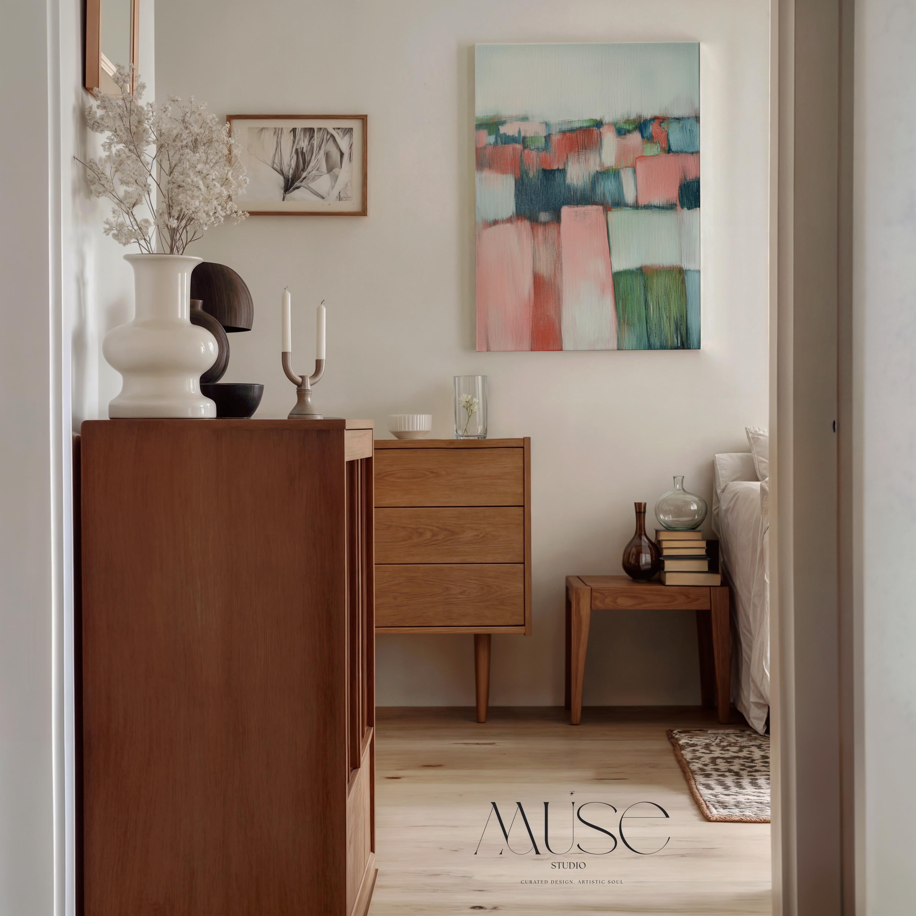 Vertical Abstract Wall Art Soft Coastal Decor Art Framed Canvas in Blush Pink Sage Green Blue Modern Living Room Bedroom Office | 385 Colorful abstract wall decor styled in a modern neutral home. Large statement wall art displayed in living room, bedroom, or office spaces. Vibrant canvas or giclée decor art adds bold visual impact to contemporary interiors, ideal for home staging, office design, and curated spaces. Muse Studio Decor Art.