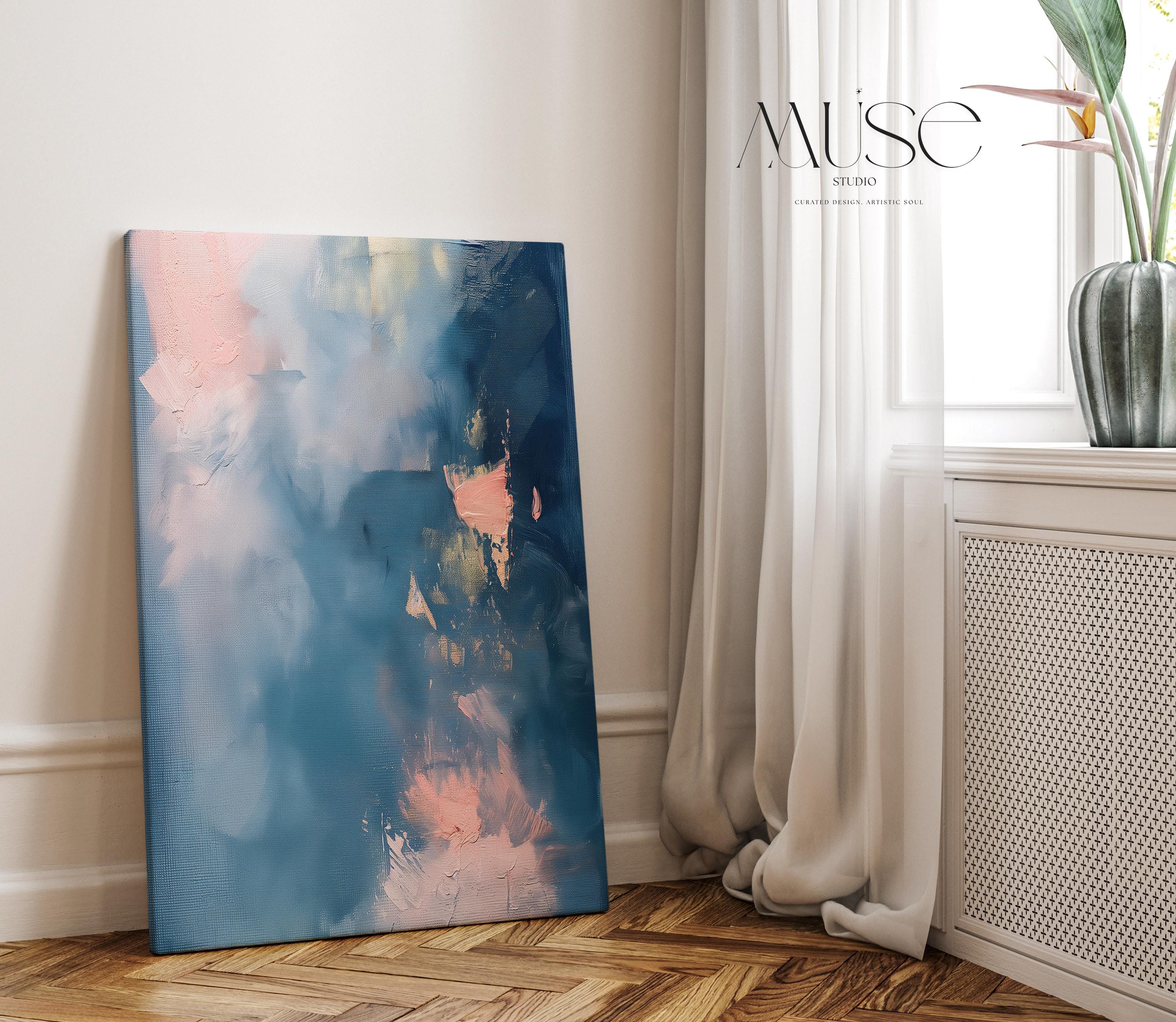 Blue Pink Abstract Canvas Wall Art Vertical Modern Decor Large Statement Artwork Framed Wall Decor Soft Contemporary Home Design | 329