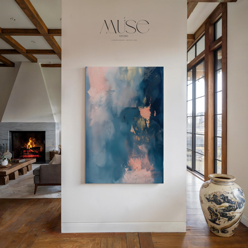 Blue Pink Abstract Canvas Wall Art Vertical Modern Decor Large Statement Artwork Framed Wall Decor Soft Contemporary Home Design | 329
