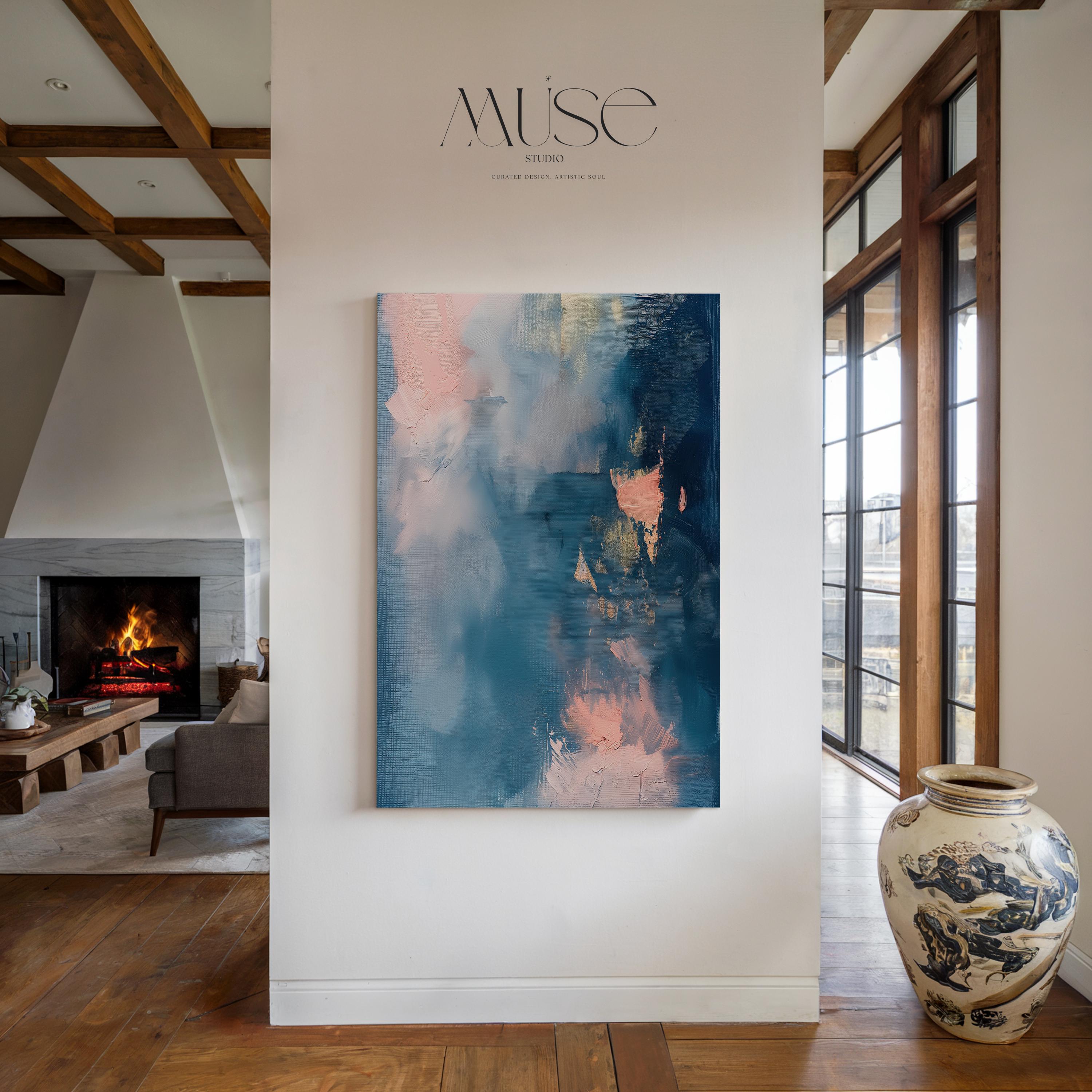 Blue Pink Abstract Canvas Wall Art Vertical Modern Decor Large Statement Artwork Framed Wall Decor Soft Contemporary Home Design | 329