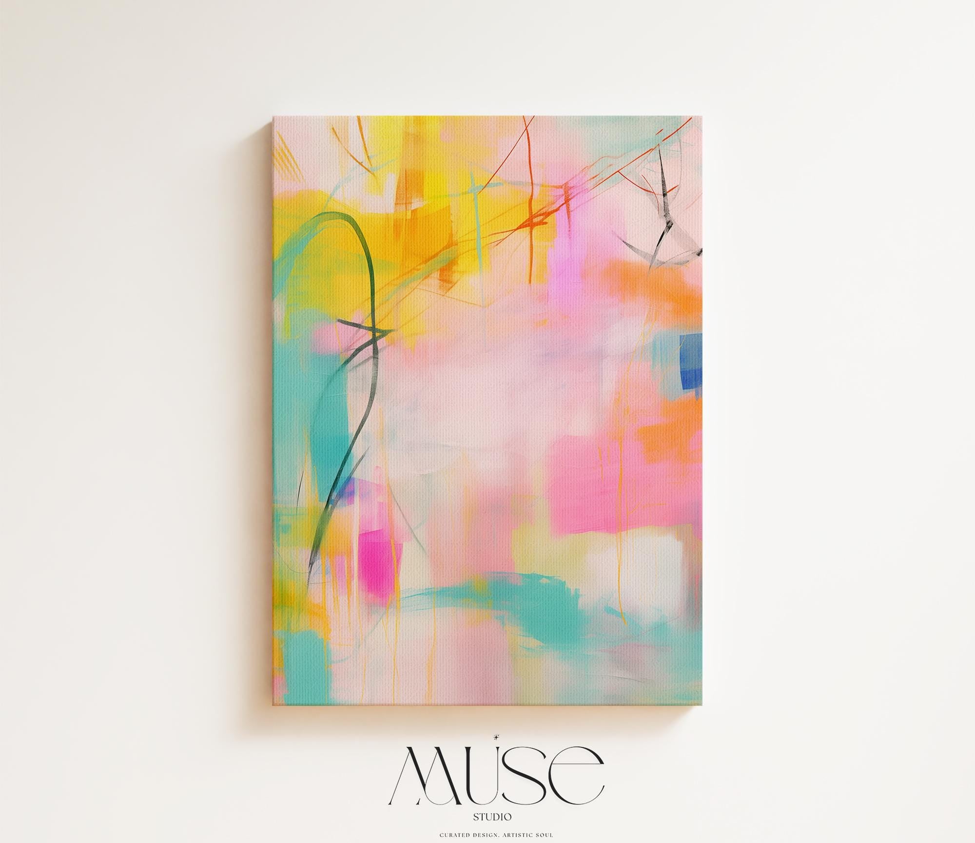 Vertical Canvas Wall Art, Colorful Abstract Art Print, Large Pink Yellow Abstract Painting, Modern Statement Wall Decor for Living Room| 003