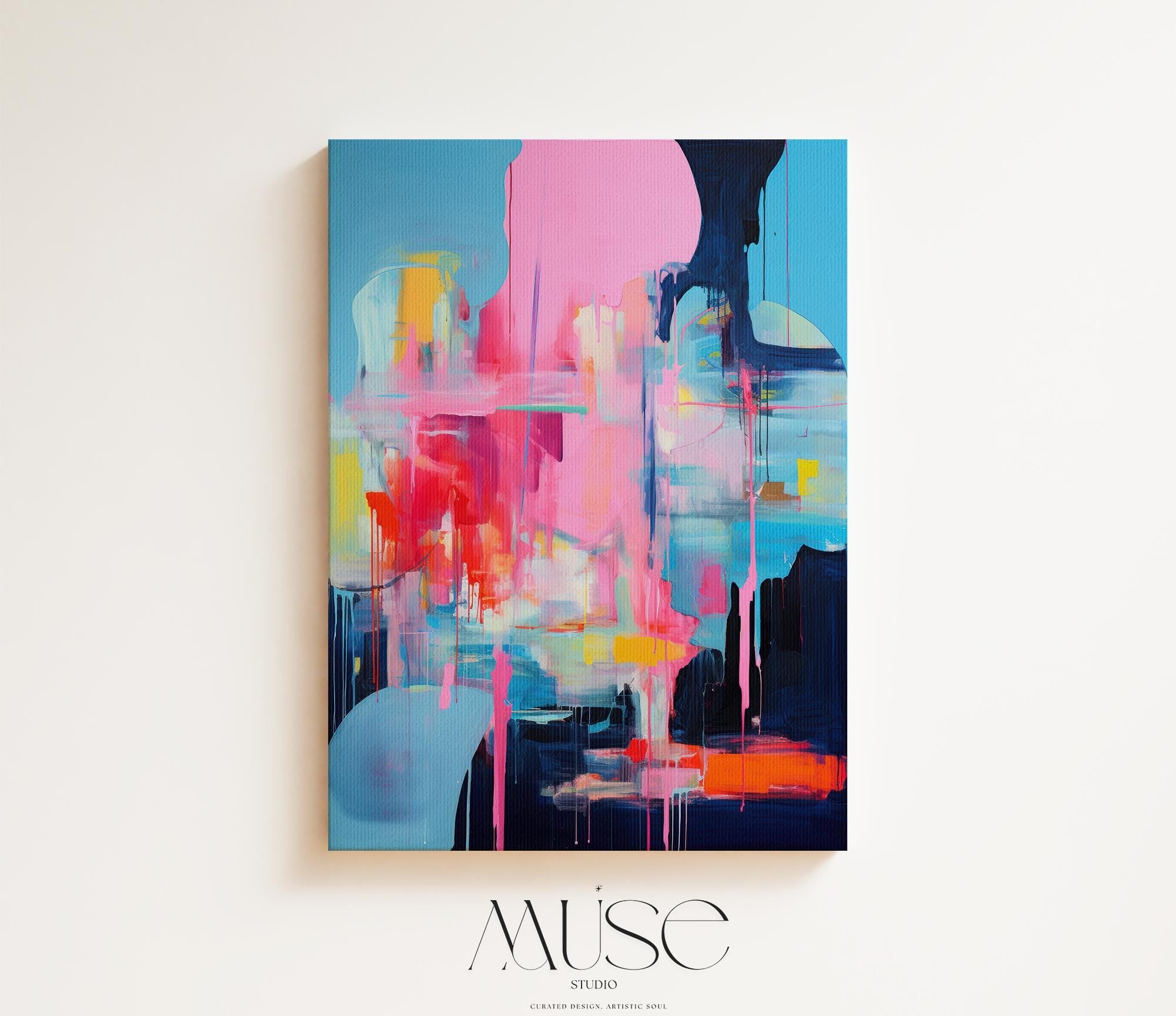 Bold Colorful Canvas Wall Art, Pink Blue Abstract Painting, Large Vertical Art Print, Contemporary Decor Art for Living Room Office | 025