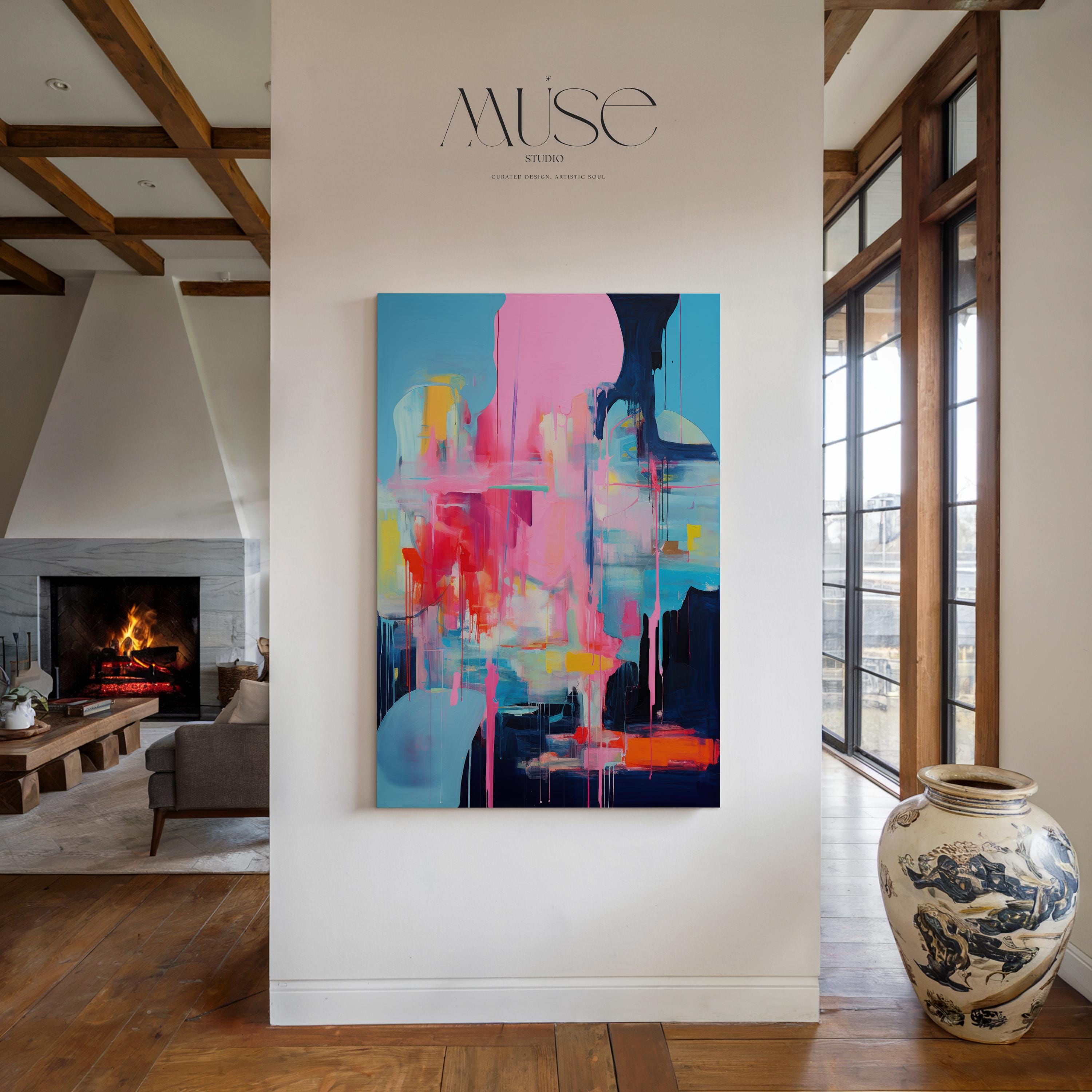 Bold Colorful Canvas Wall Art, Pink Blue Abstract Painting, Large Vertical Art Print, Contemporary Decor Art for Living Room Office | 025