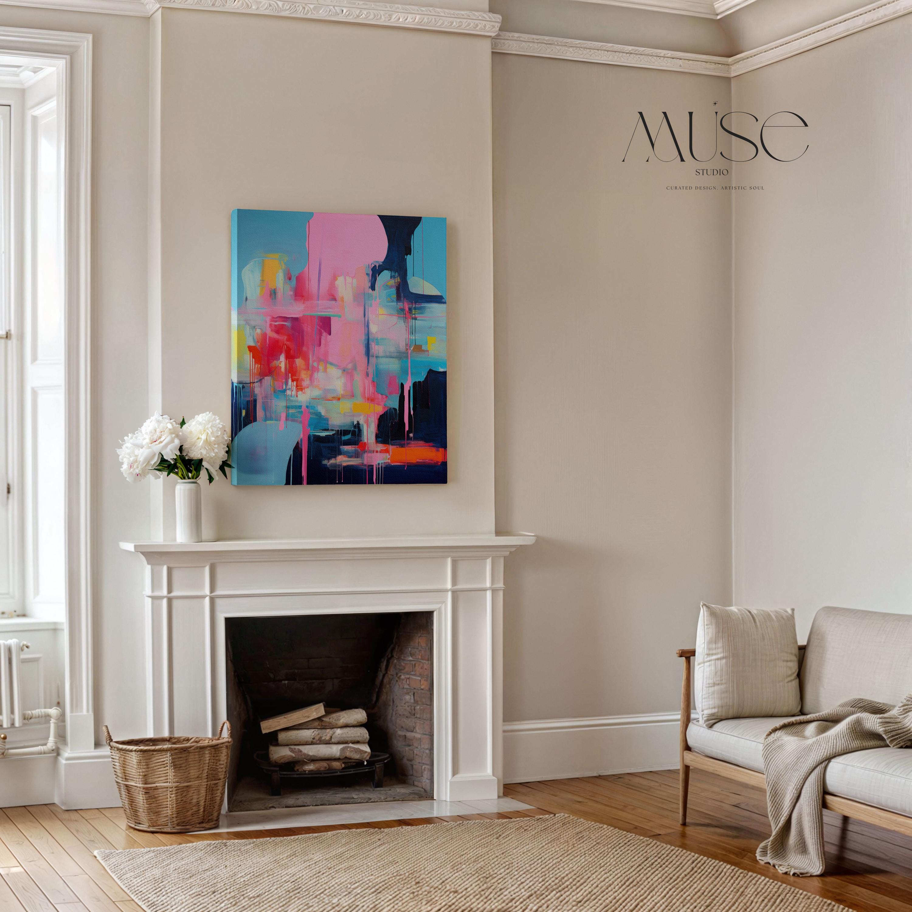 Bold Colorful Canvas Wall Art, Pink Blue Abstract Painting, Large Vertical Art Print, Contemporary Decor Art for Living Room Office | 025