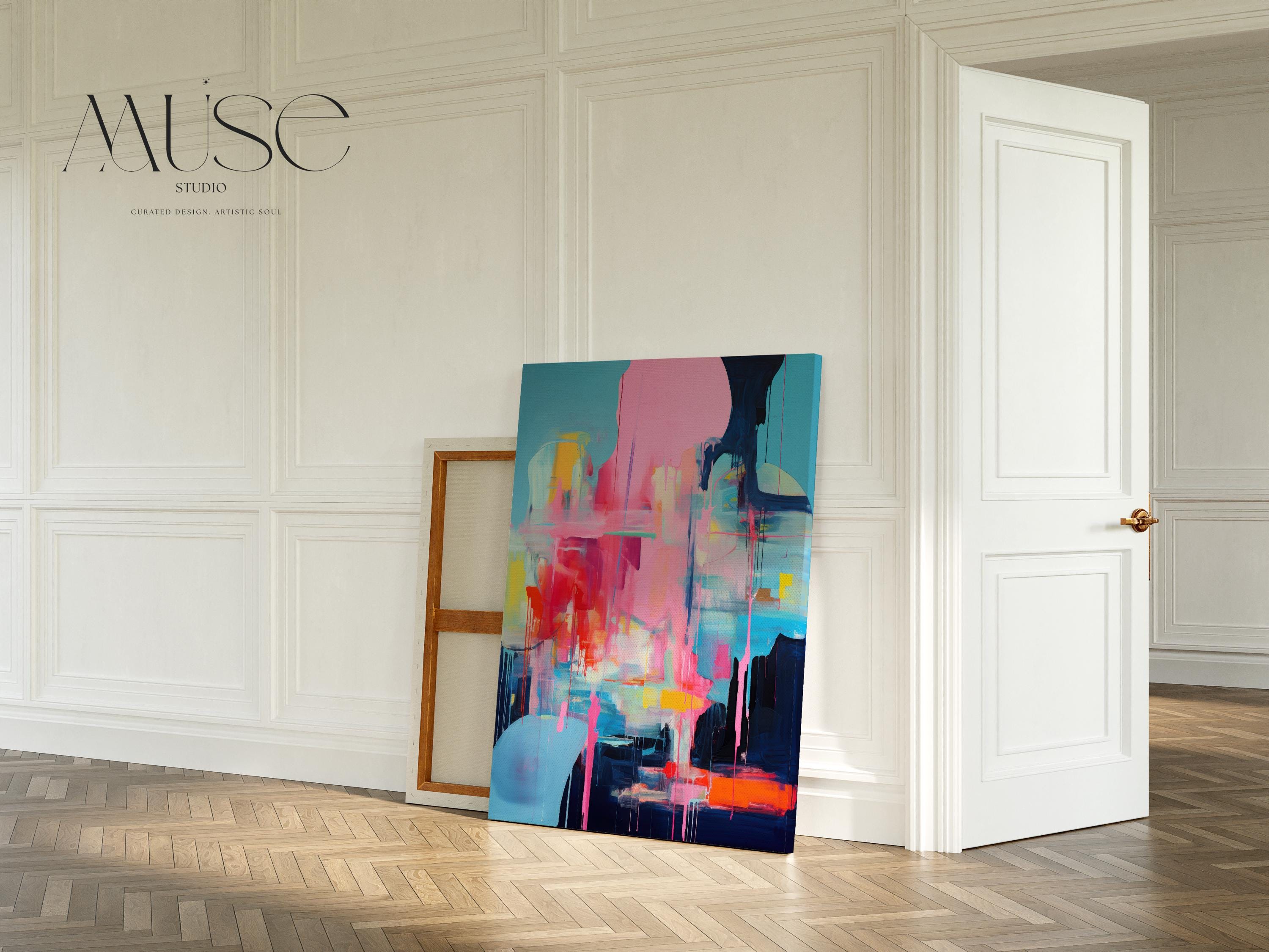 Bold Colorful Canvas Wall Art, Pink Blue Abstract Painting, Large Vertical Art Print, Contemporary Decor Art for Living Room Office | 025