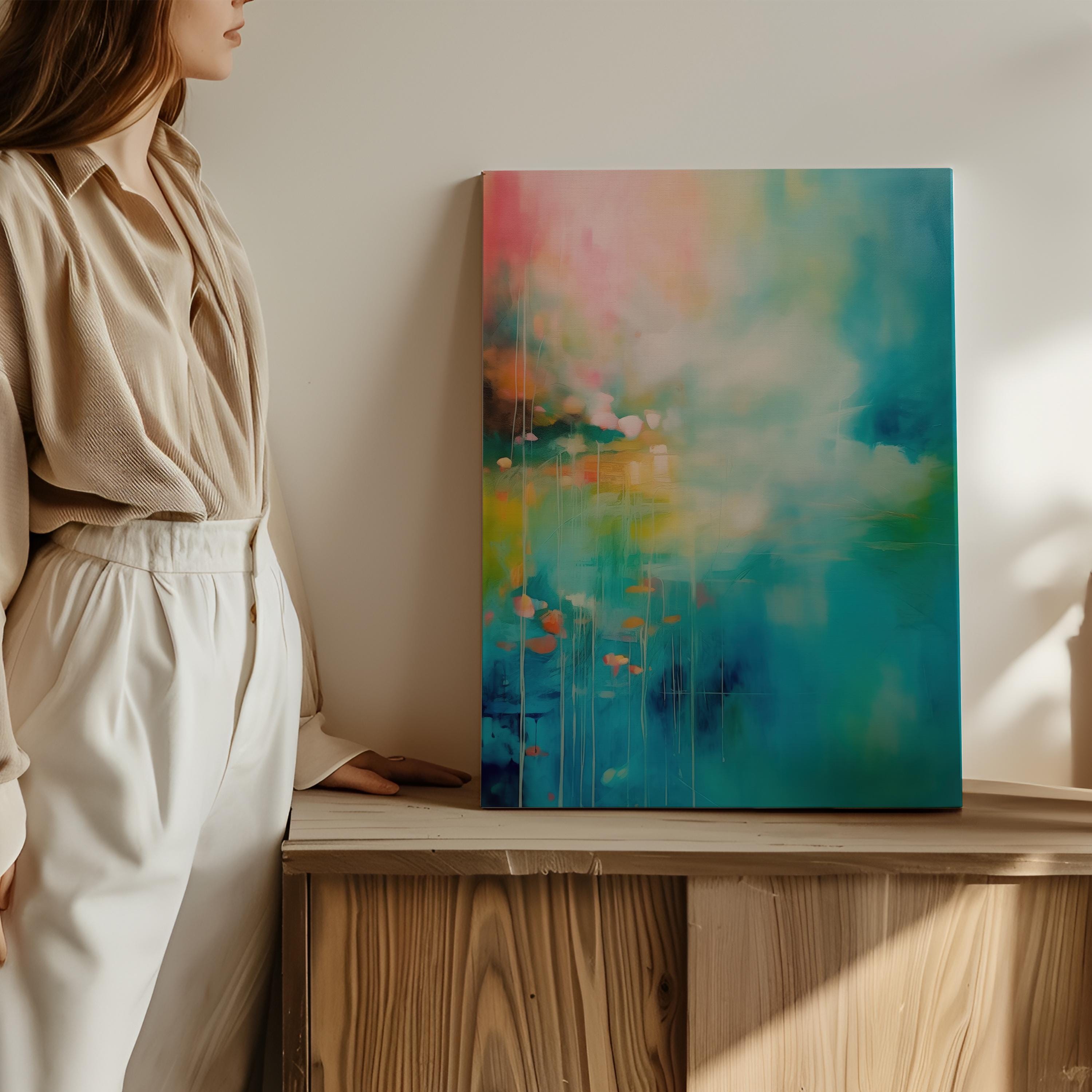 Large Colorful Abstract Canvas Statement Art | Luxury Teal and Pink Painting | Modern Contemporary Home Decor • Misty Garden No. 054