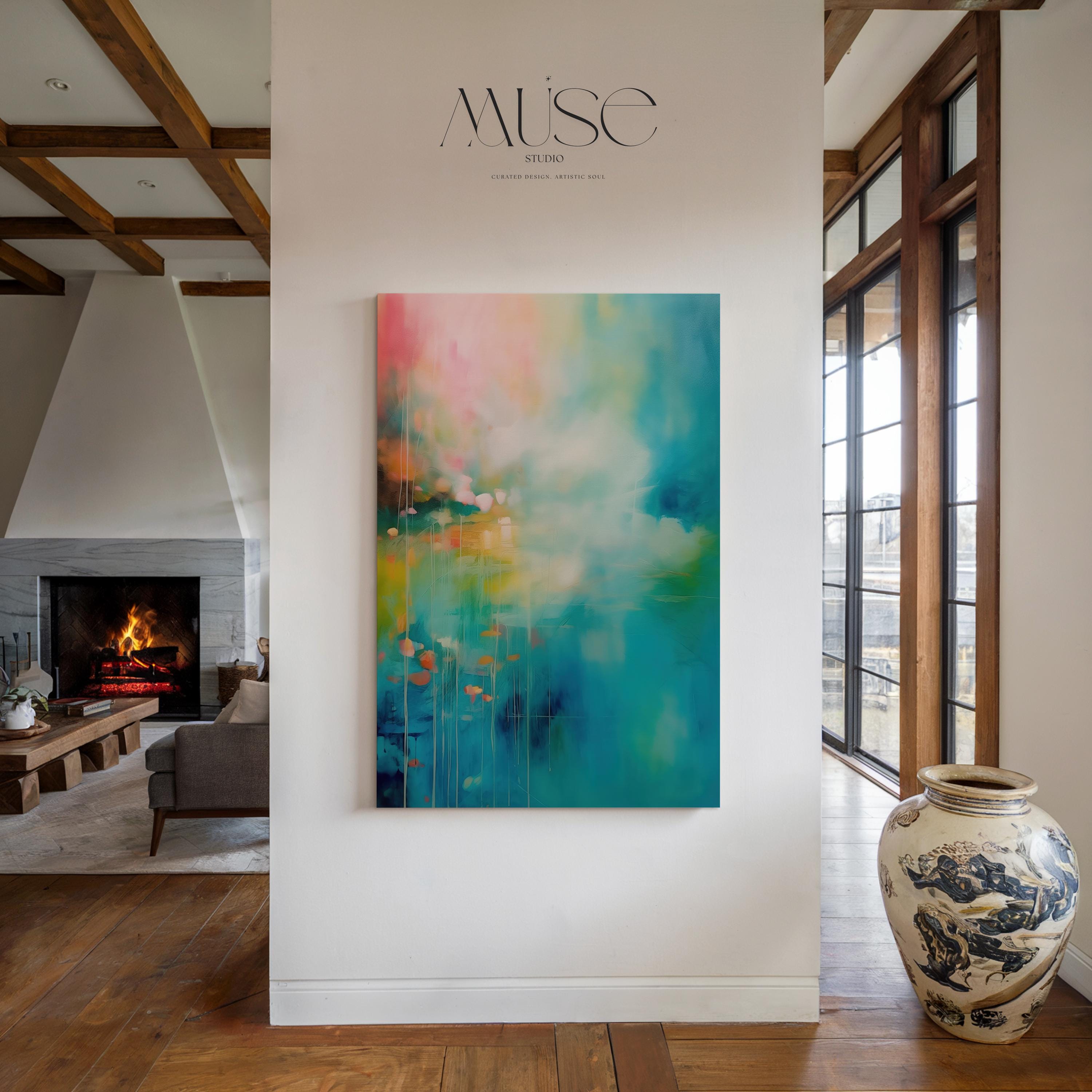Large Colorful Abstract Canvas Statement Art | Luxury Teal and Pink Painting | Modern Contemporary Home Decor • Misty Garden No. 054