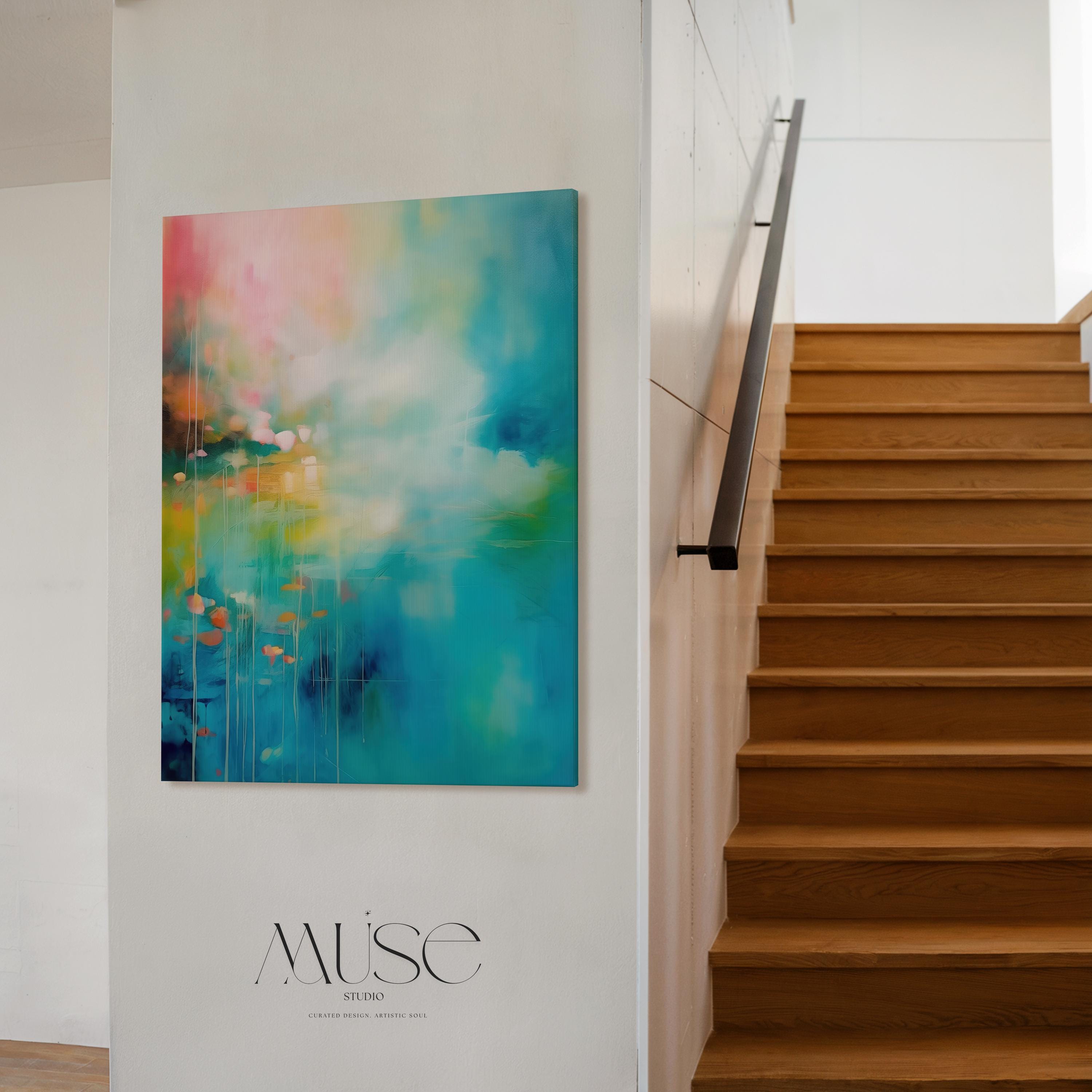 Large Colorful Abstract Canvas Statement Art | Luxury Teal and Pink Painting | Modern Contemporary Home Decor • Misty Garden No. 054