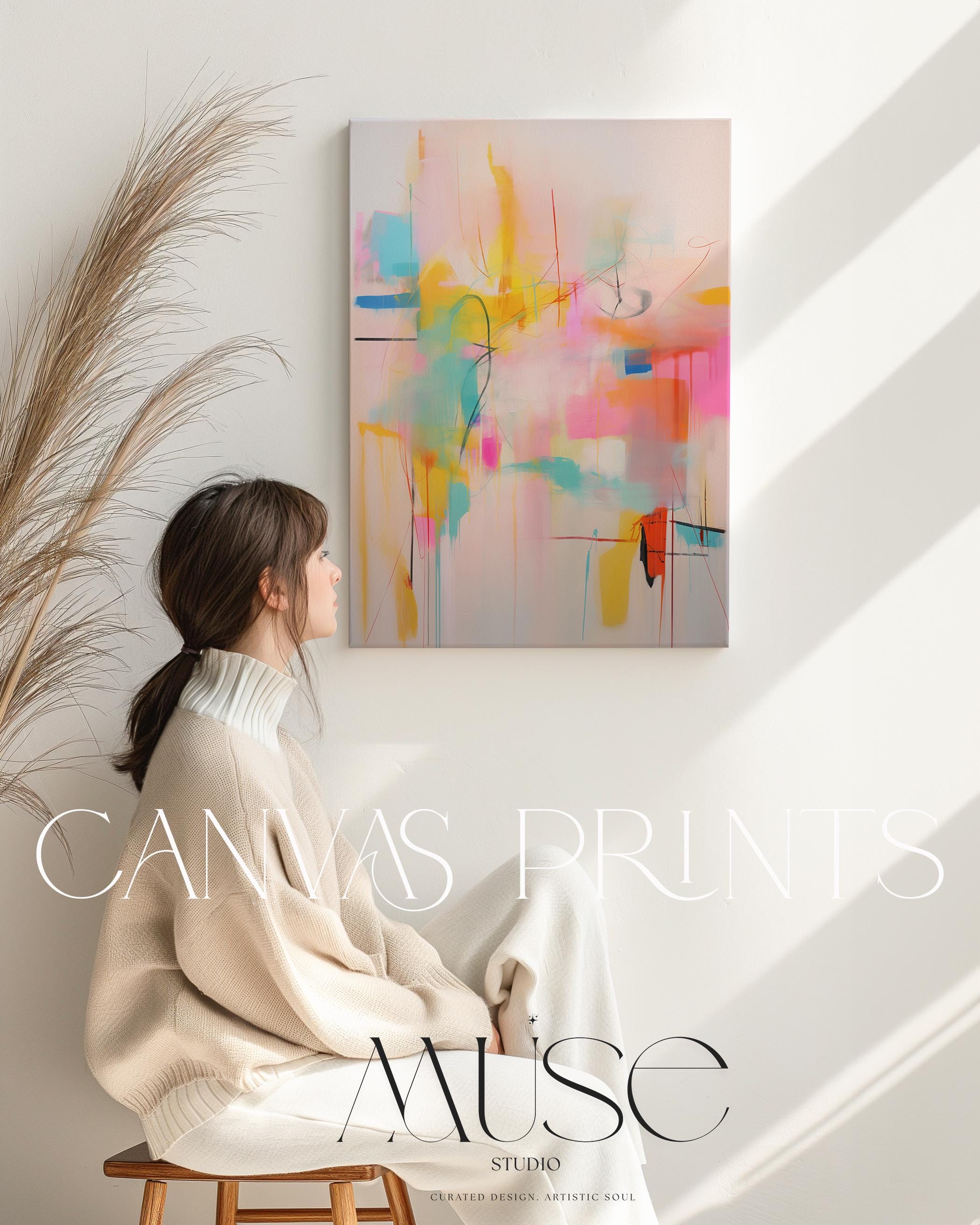 Bright Colorful Wall Art, Pink Yellow Large Canvas Print, Vertical Framed Art, Modern Abstract Wall Decor, Statement Home Decor Art | 003