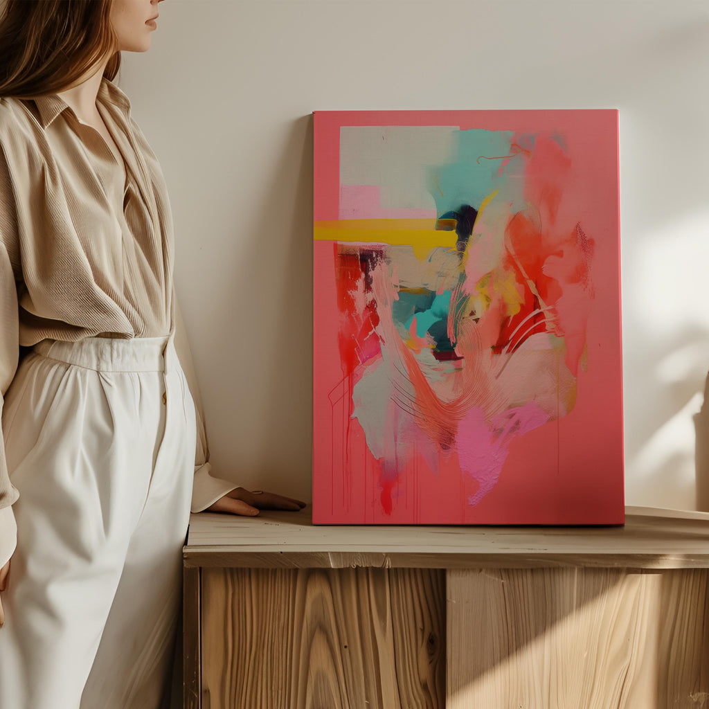 Coral Pink Wall Art, Abstract Vertical Canvas Print, Large Statement Art, Bold Modern Decor, Framed Artwork for Bedroom or Office | 035