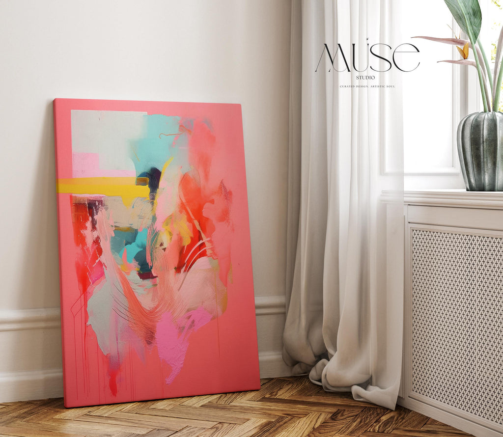 Coral Pink Wall Art, Abstract Vertical Canvas Print, Large Statement Art, Bold Modern Decor, Framed Artwork for Bedroom or Office | 035