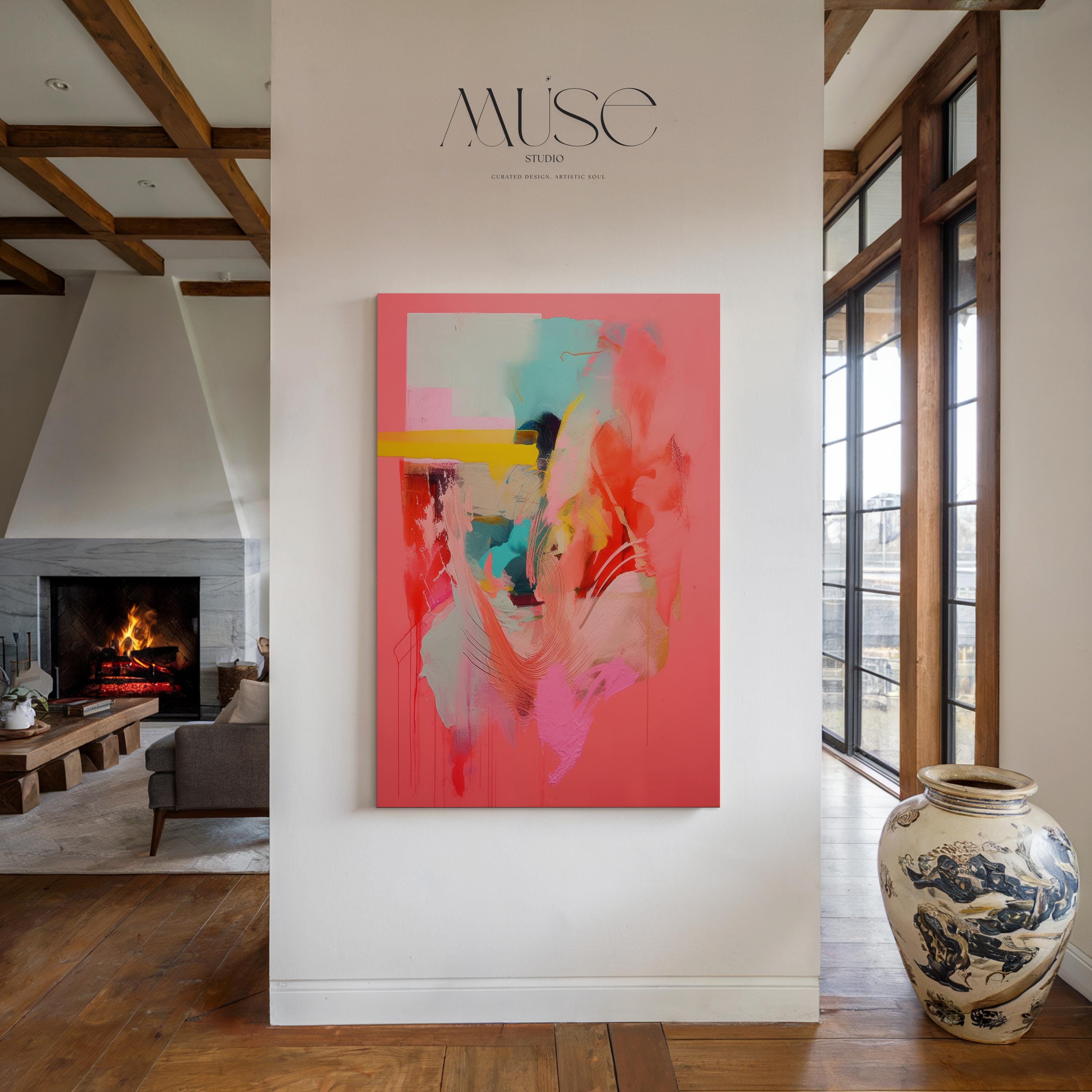 Coral Pink Wall Art, Abstract Vertical Canvas Print, Large Statement Art, Bold Modern Decor, Framed Artwork for Bedroom or Office | 035