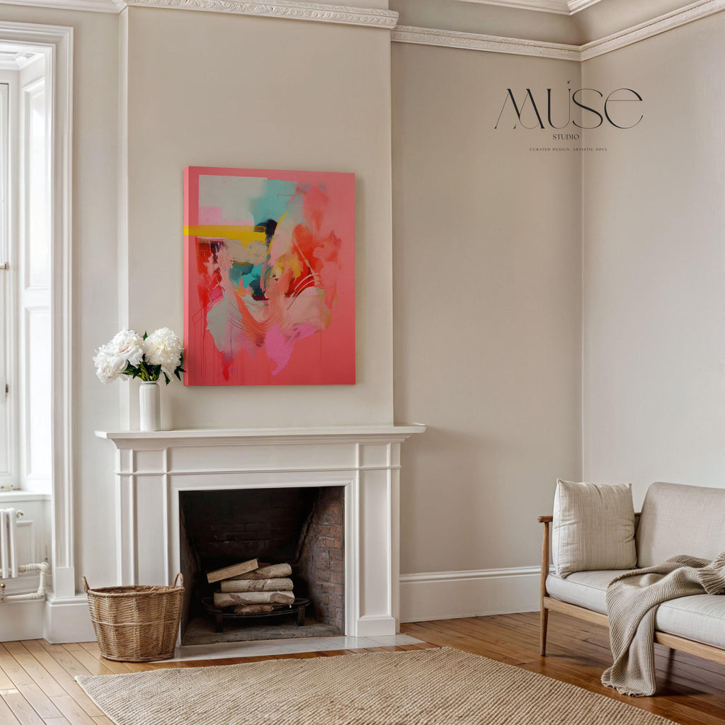 Coral Pink Wall Art, Abstract Vertical Canvas Print, Large Statement Art, Bold Modern Decor, Framed Artwork for Bedroom or Office | 035