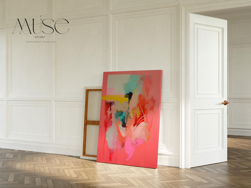 Coral Pink Wall Art, Abstract Vertical Canvas Print, Large Statement Art, Bold Modern Decor, Framed Artwork for Bedroom or Office | 035