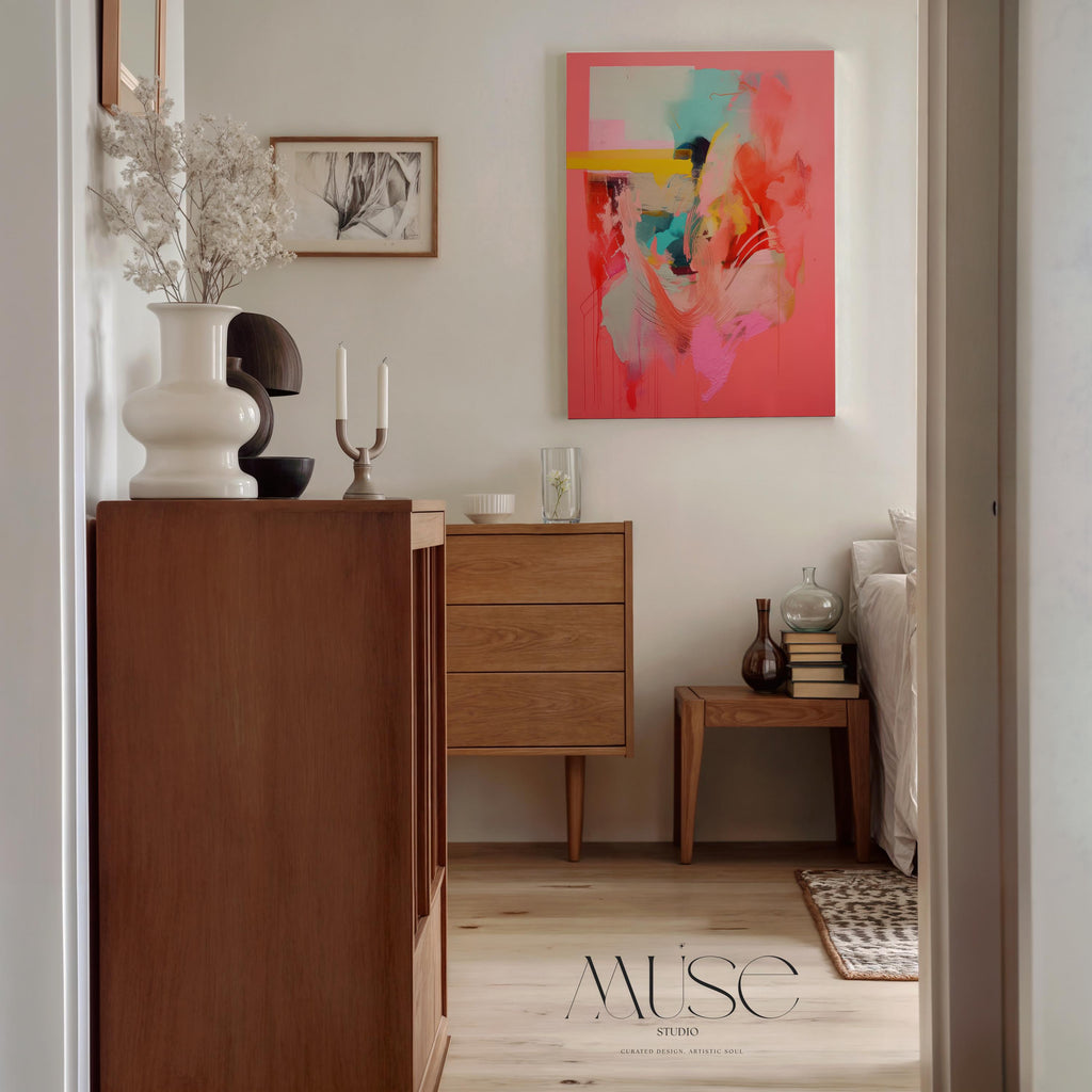 Coral Pink Wall Art, Abstract Vertical Canvas Print, Large Statement Art, Bold Modern Decor, Framed Artwork for Bedroom or Office | 035