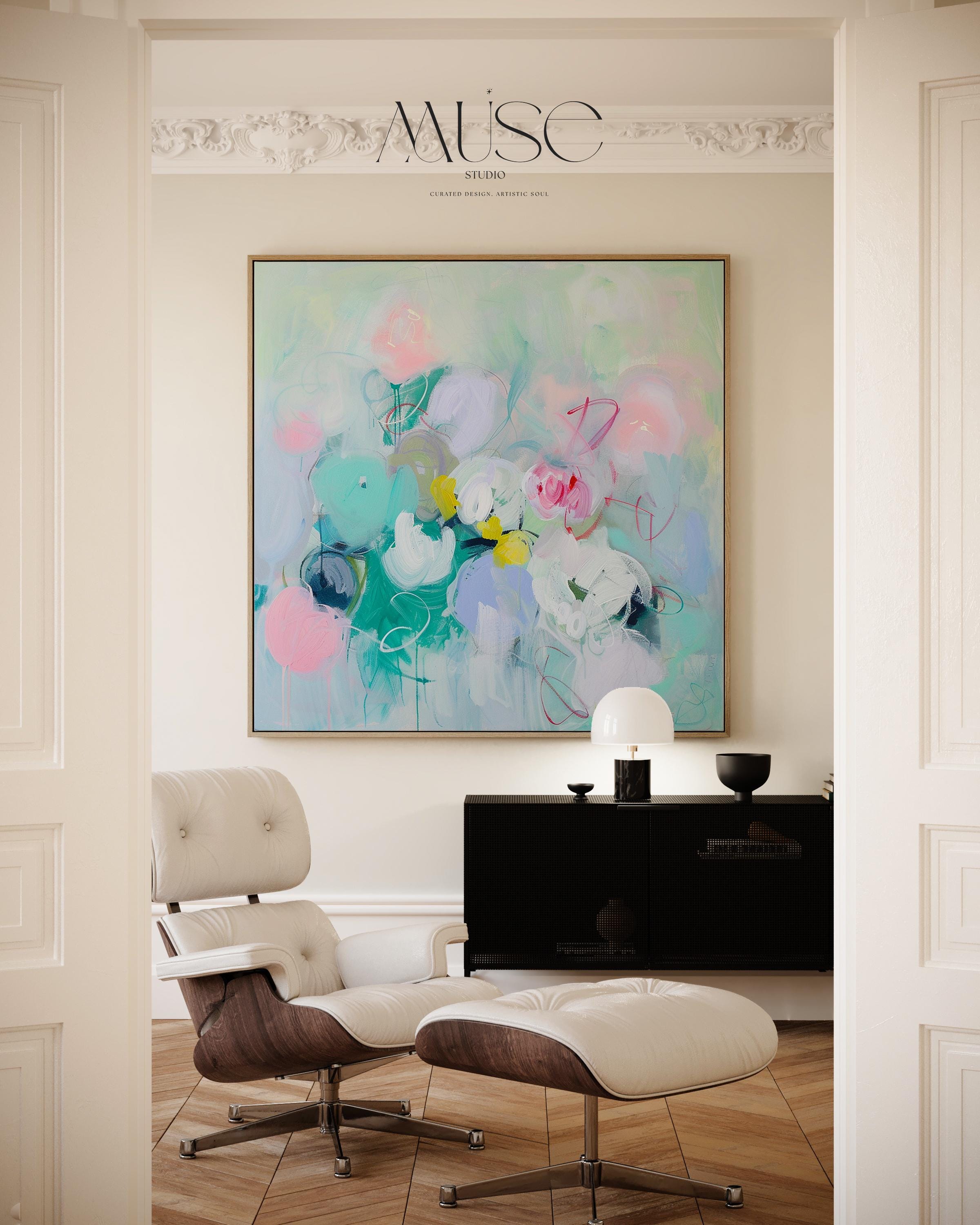 Pastel Floral Wall Art, Soft Abstract Canvas Print, Large Square Decor Art, Framed Statement Art for Living Room & Bedroom Spaces | 320