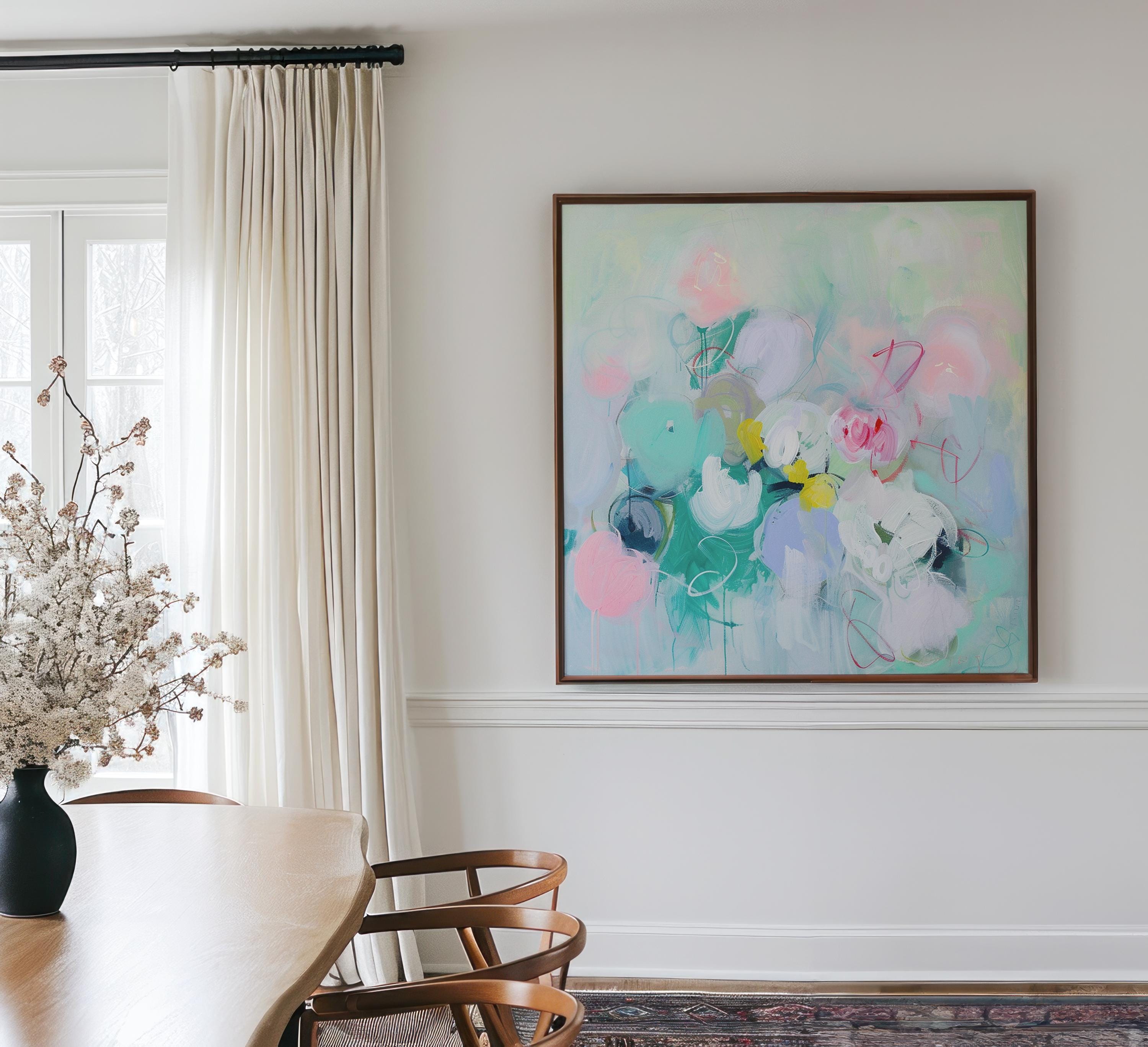 Pastel Floral Wall Art, Soft Abstract Canvas Print, Large Square Decor Art, Framed Statement Art for Living Room & Bedroom Spaces | 320