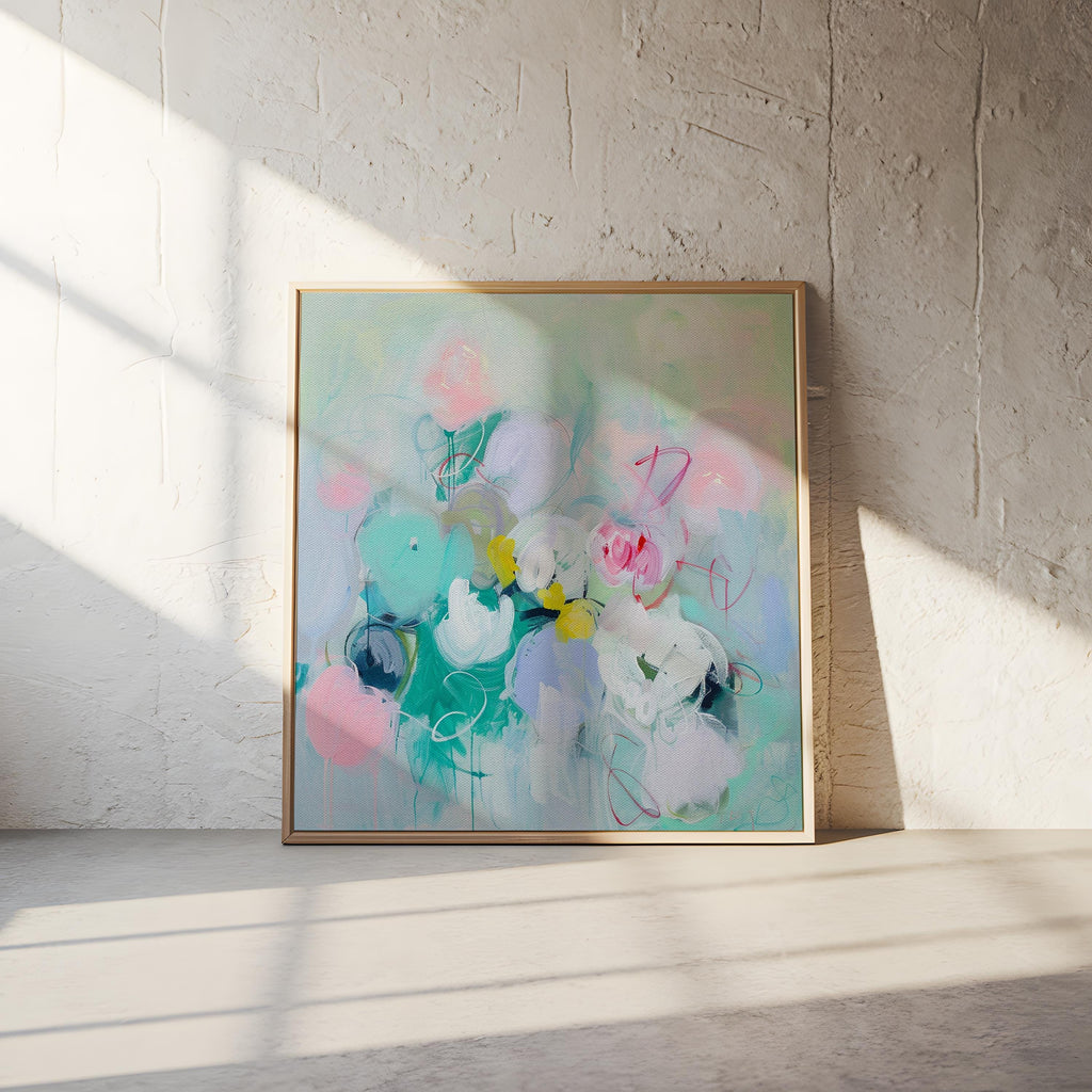 Pastel Floral Wall Art, Soft Abstract Canvas Print, Large Square Decor Art, Framed Statement Art for Living Room & Bedroom Spaces | 320