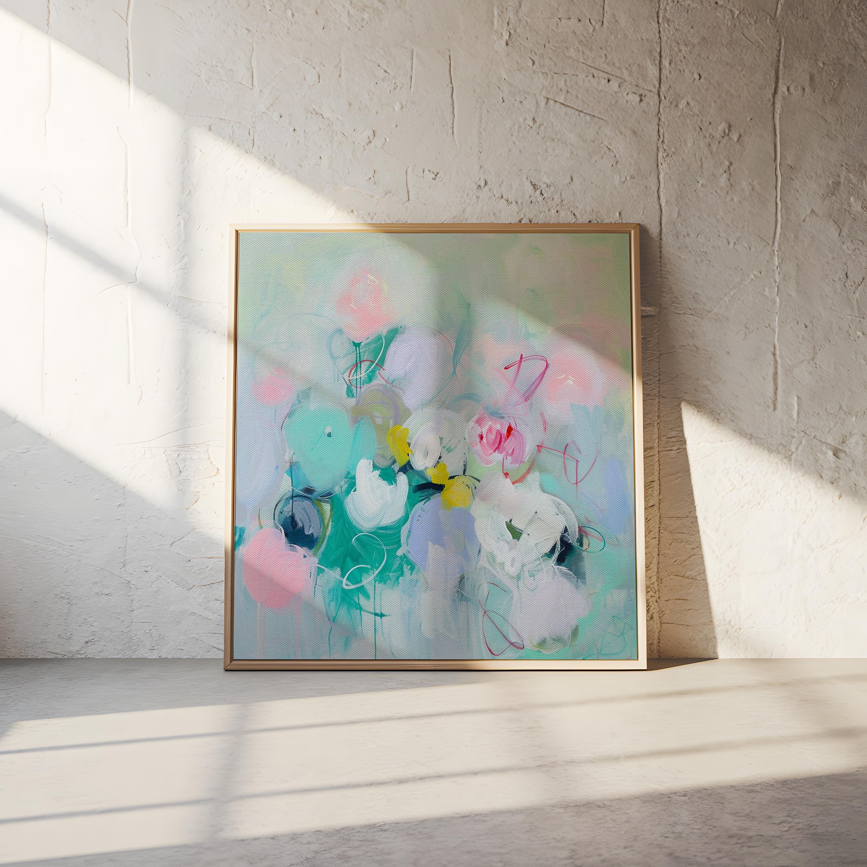 Pastel Floral Wall Art, Soft Abstract Canvas Print, Large Square Decor Art, Framed Statement Art for Living Room & Bedroom Spaces | 320