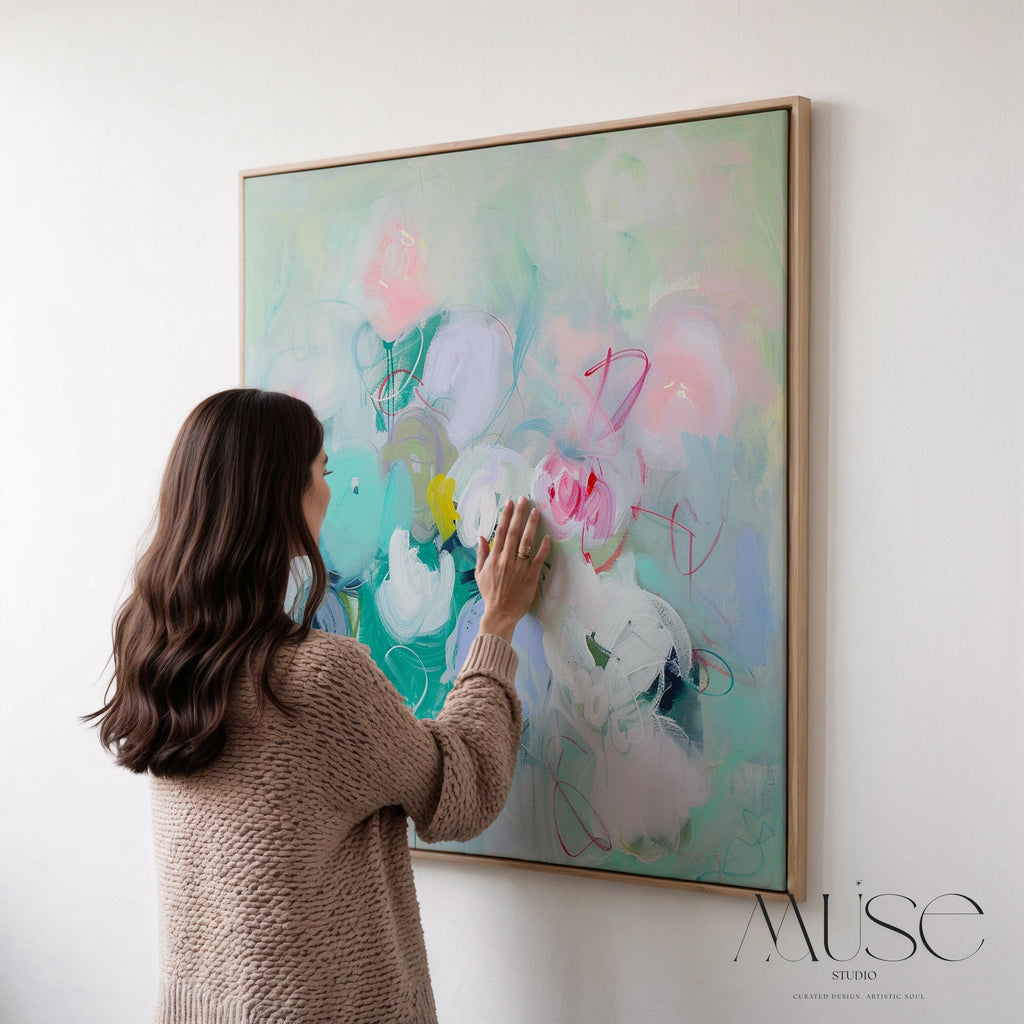 Pastel Floral Wall Art, Soft Abstract Canvas Print, Large Square Decor Art, Framed Statement Art for Living Room & Bedroom Spaces | 320
