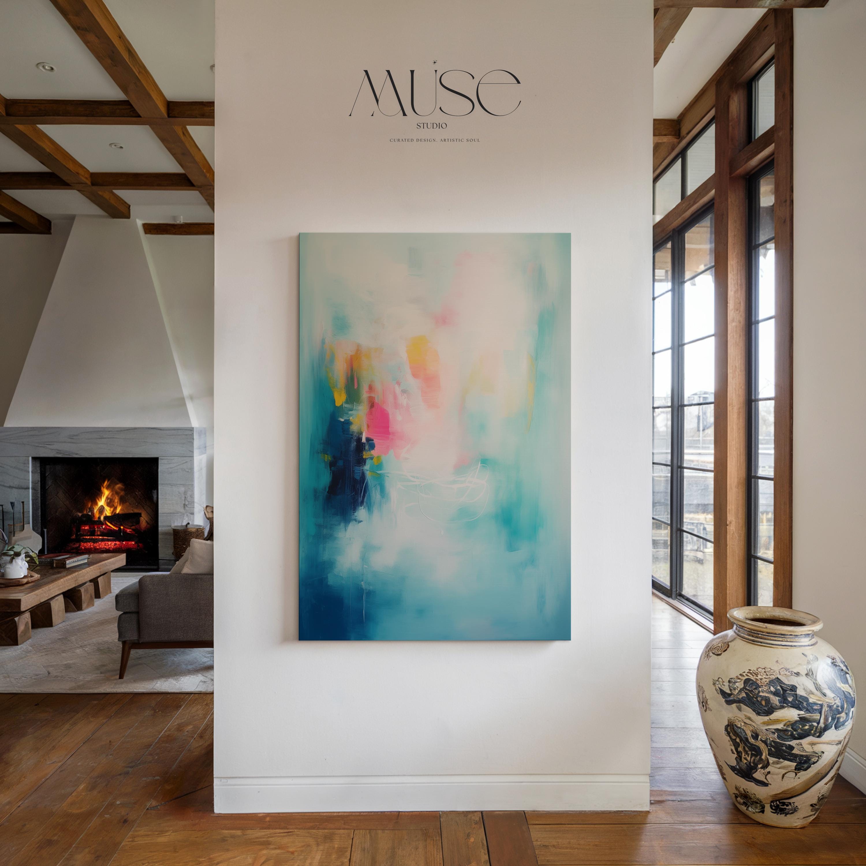Soft Blue Abstract Wall Art Vertical Canvas Painting Large Framed Decor Art Contemporary Colorful Statement for Living Room & Office | 056