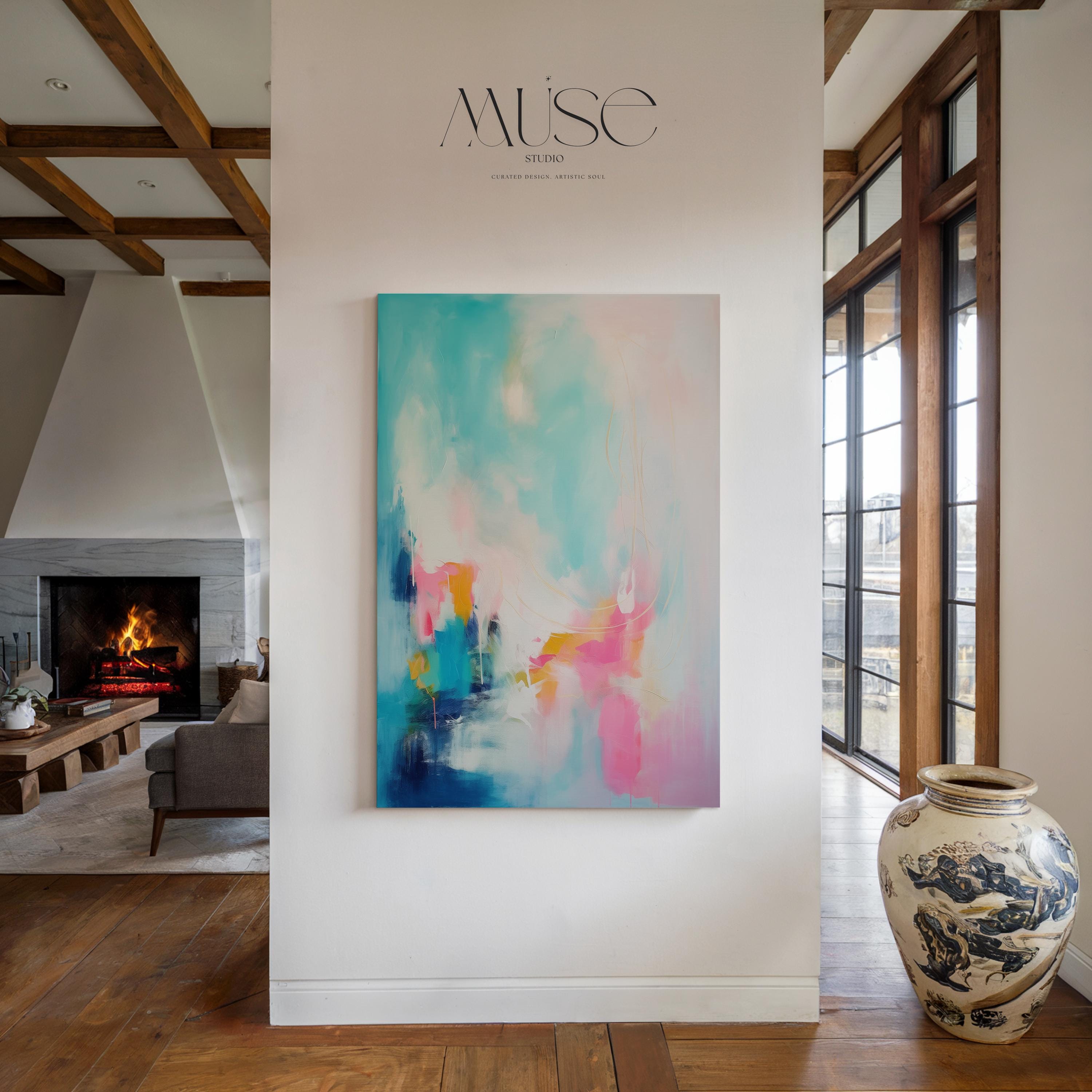Teal Pink Wall Art Vertical Abstract Canvas Painting Large Framed Decor Art Modern Colorful Statement for Living Room & Office | 058