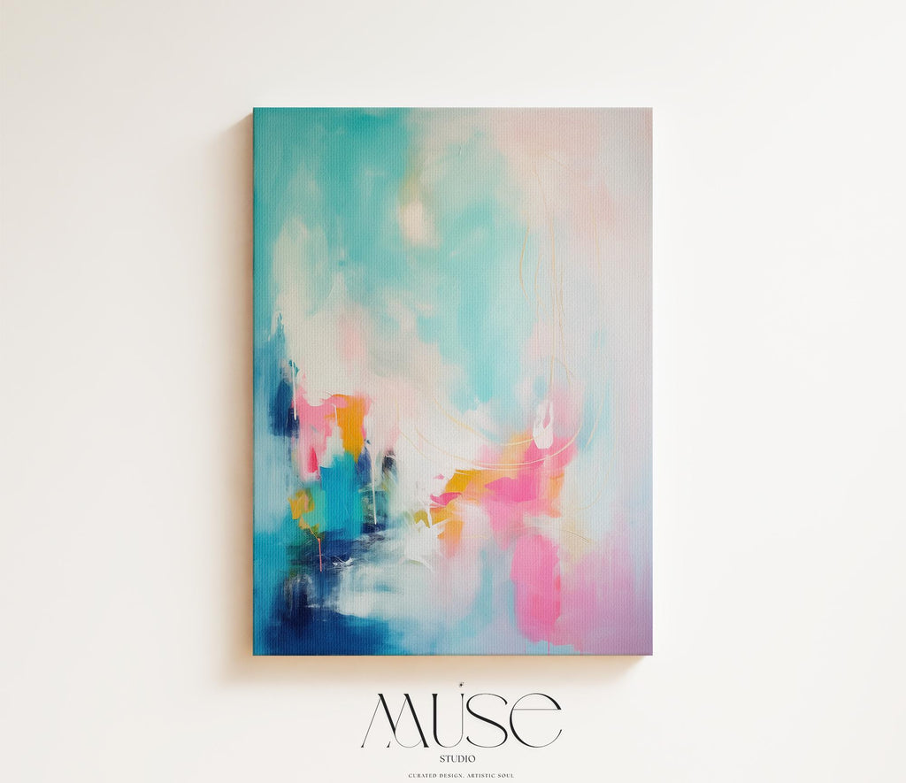 Teal Pink Wall Art Vertical Abstract Canvas Painting Large Framed Decor Art Modern Colorful Statement for Living Room & Office | 058