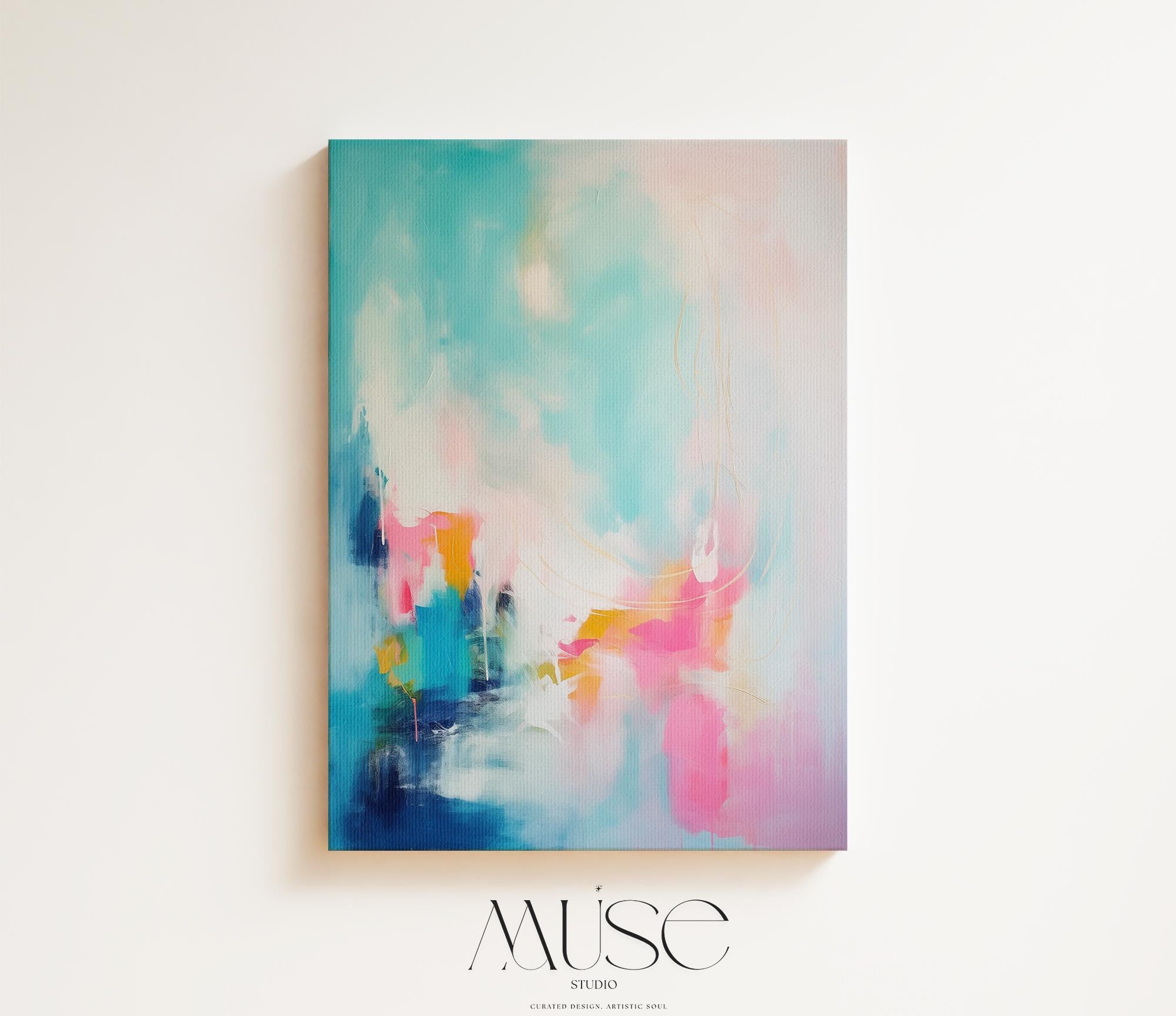 Teal Pink Wall Art Vertical Abstract Canvas Painting Large Framed Decor Art Modern Colorful Statement for Living Room & Office | 058