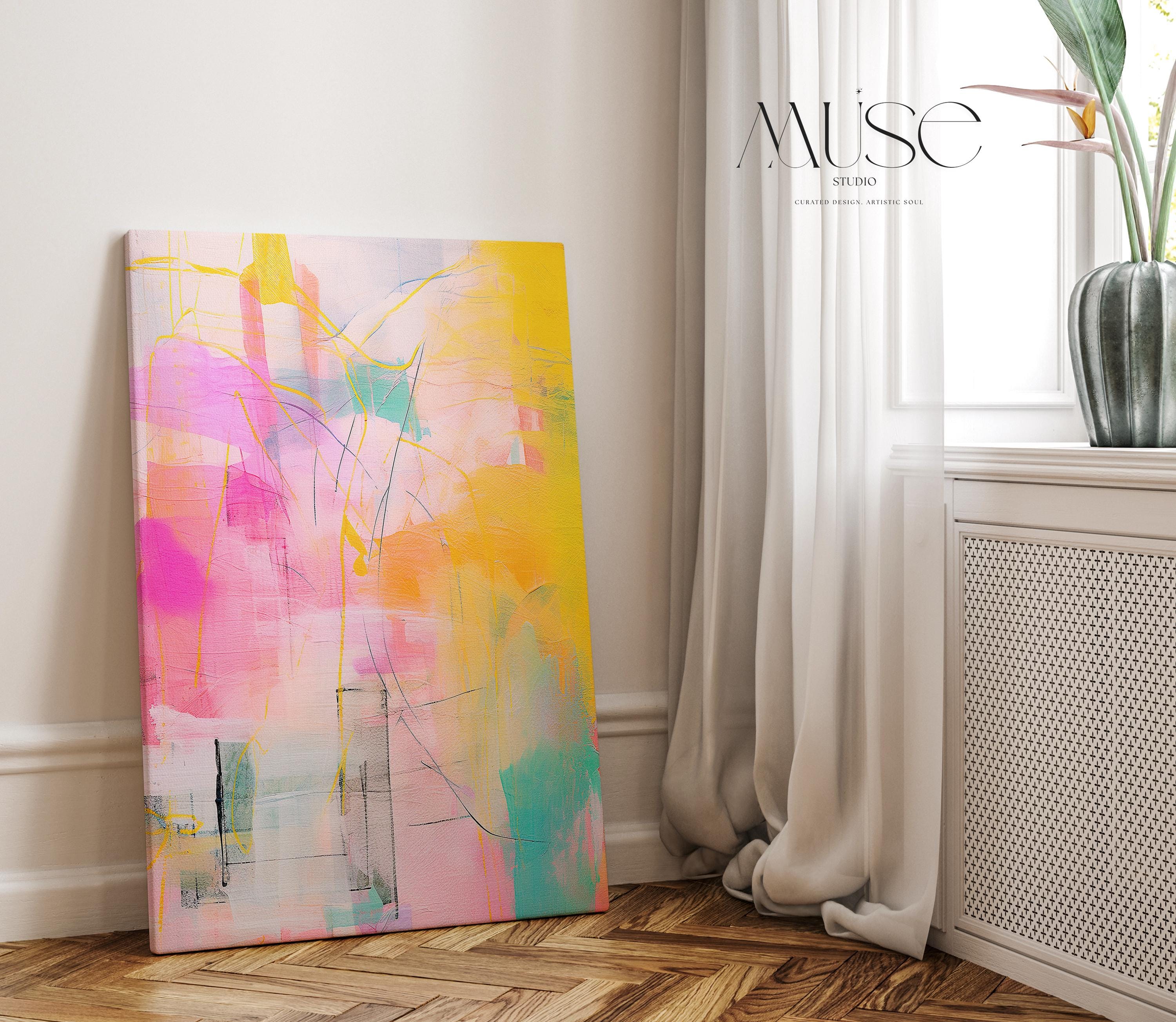 Vertical Wall Art Modern Abstract Pink Yellow Canvas Print Home Decor Large Art Statement Art for Colorful Decor | 065