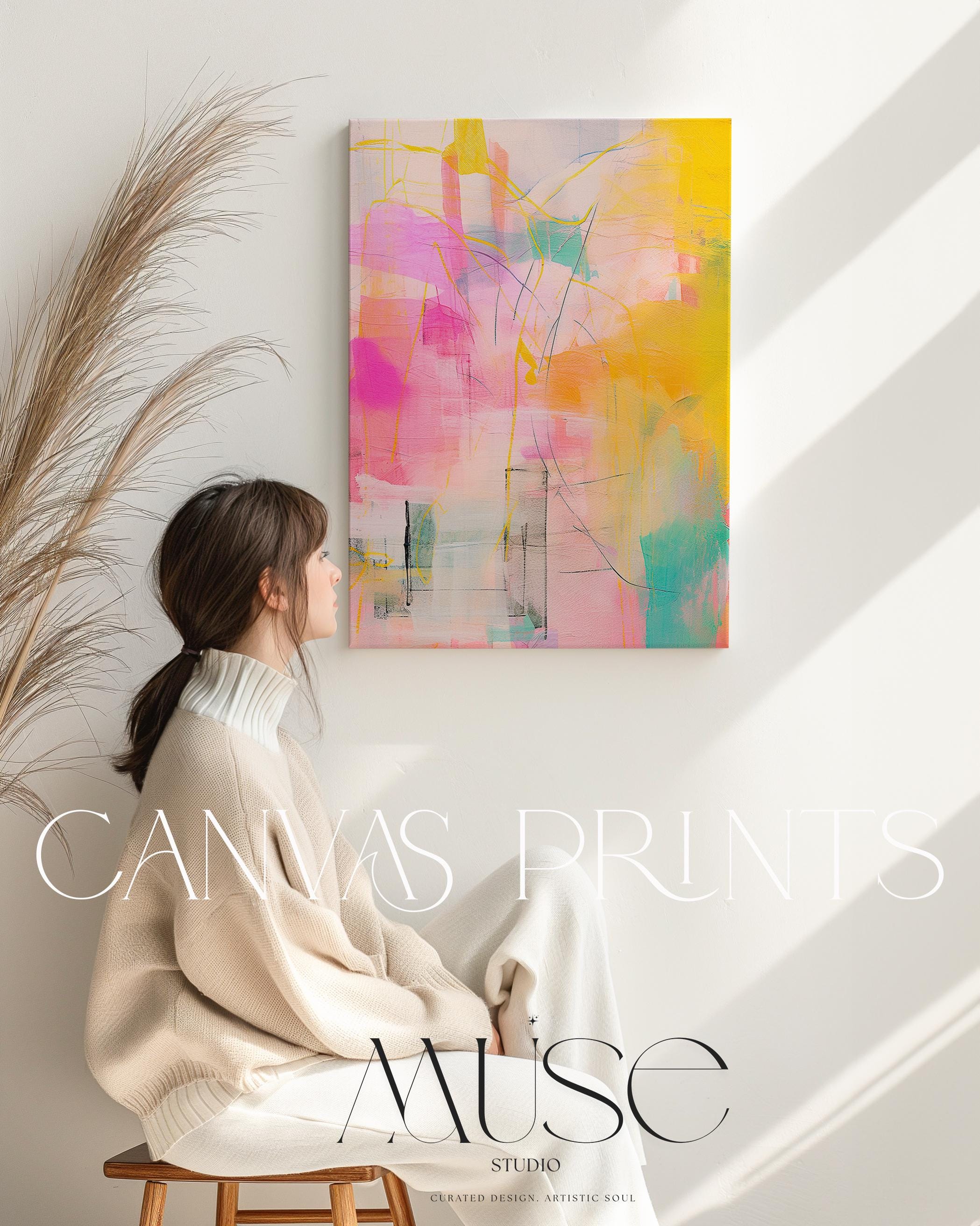 Vertical Wall Art Modern Abstract Pink Yellow Canvas Print Home Decor Large Art Statement Art for Colorful Decor | 065