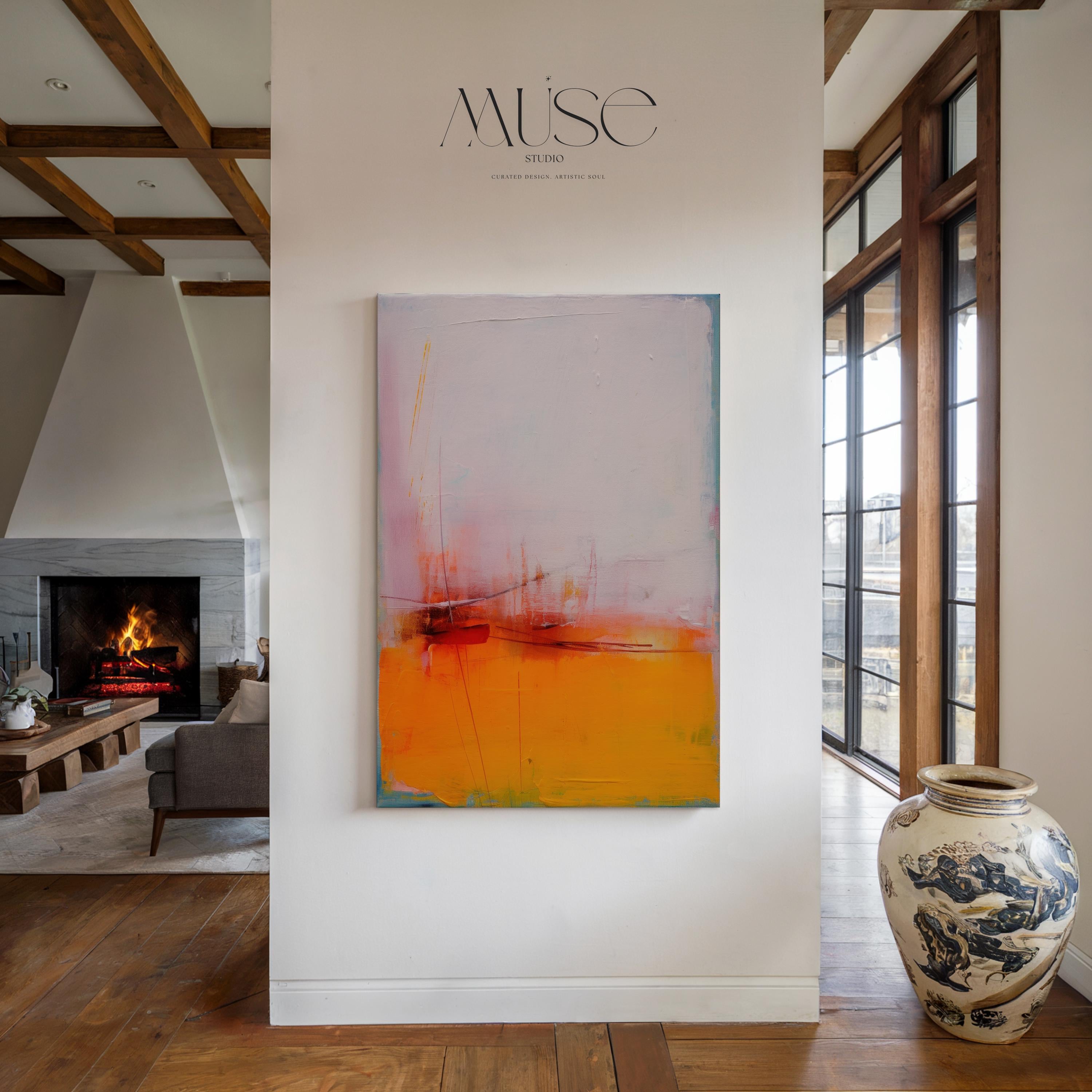 Abstract Vertical Canvas Art Soft Pink Vibrant Orange Modern Wall Decor Living Room Office Large Colorful Statement Art for Home Styling 108