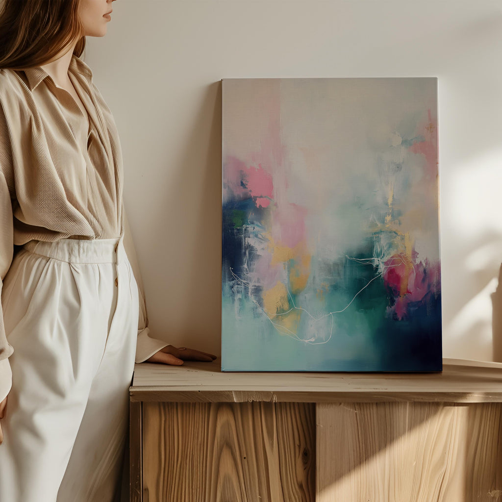 Vertical Abstract Canvas Art in Pink, Teal, and Gold, Modern Wall Decor for Living Room Office, Large Statement Art for Home Styling 202