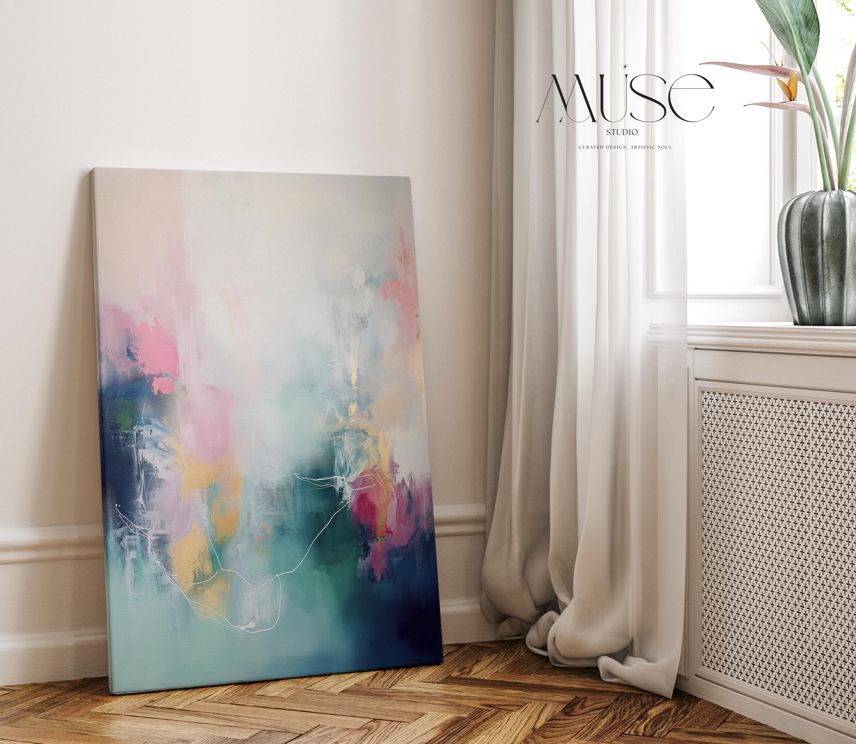 Vertical Abstract Canvas Art in Pink, Teal, and Gold, Modern Wall Decor for Living Room Office, Large Statement Art for Home Styling 202