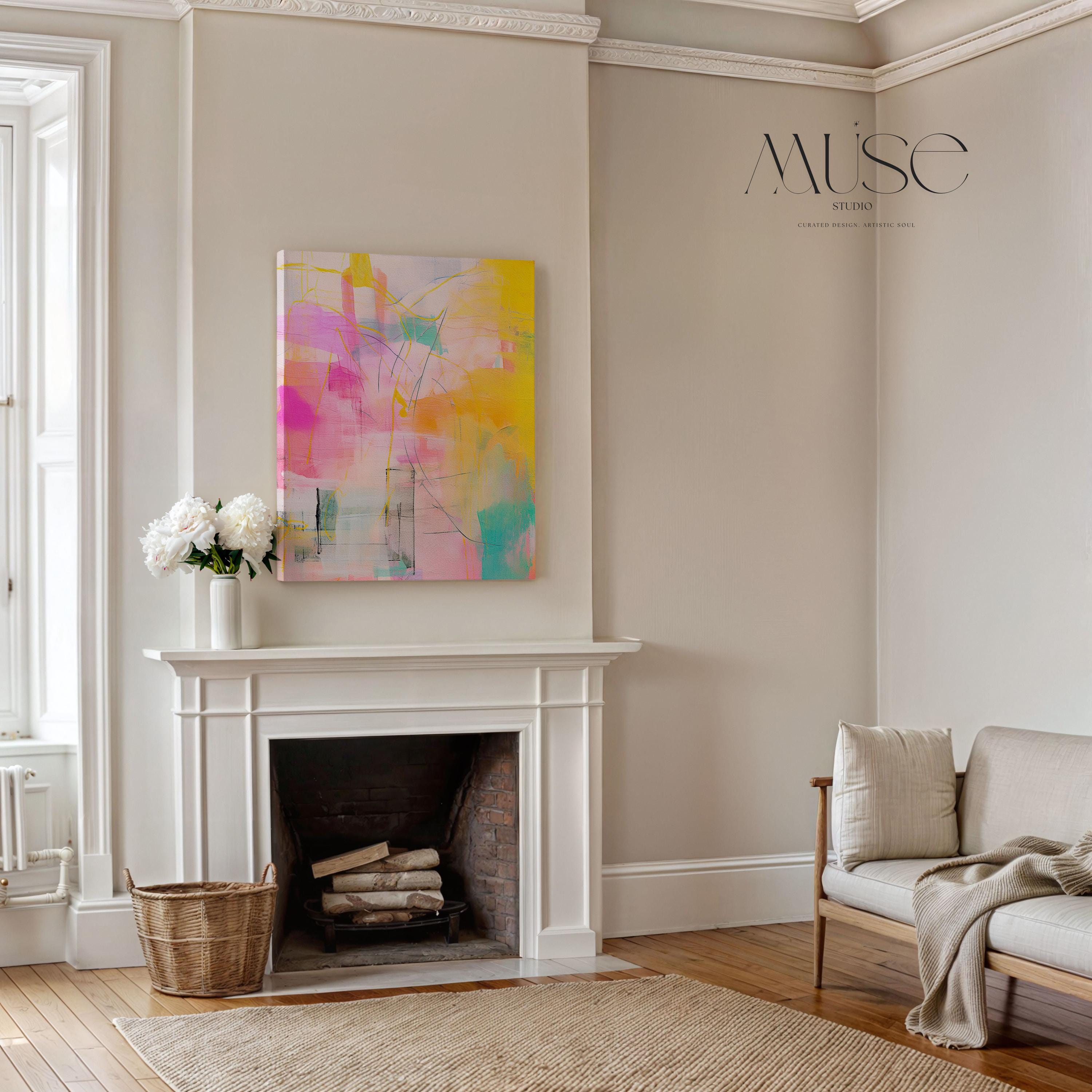 Vertical Wall Art Modern Abstract Pink Yellow Canvas Print Home Decor Large Art Statement Art for Colorful Decor | 065