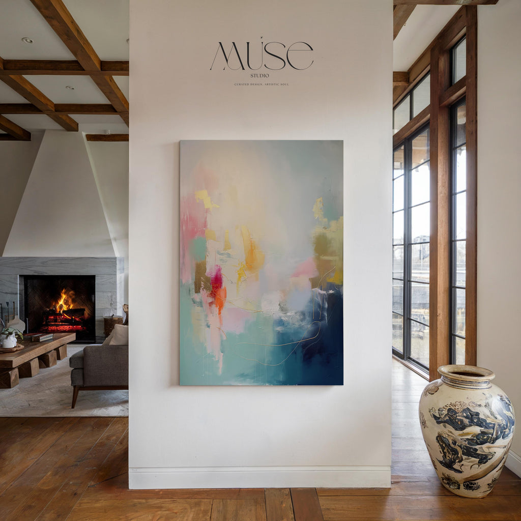 Vertical Canvas Wall Art in Teal, Gold, and Blush Pink, Modern Home Decor for Living Room Office, Large Abstract Statement Artwork 204