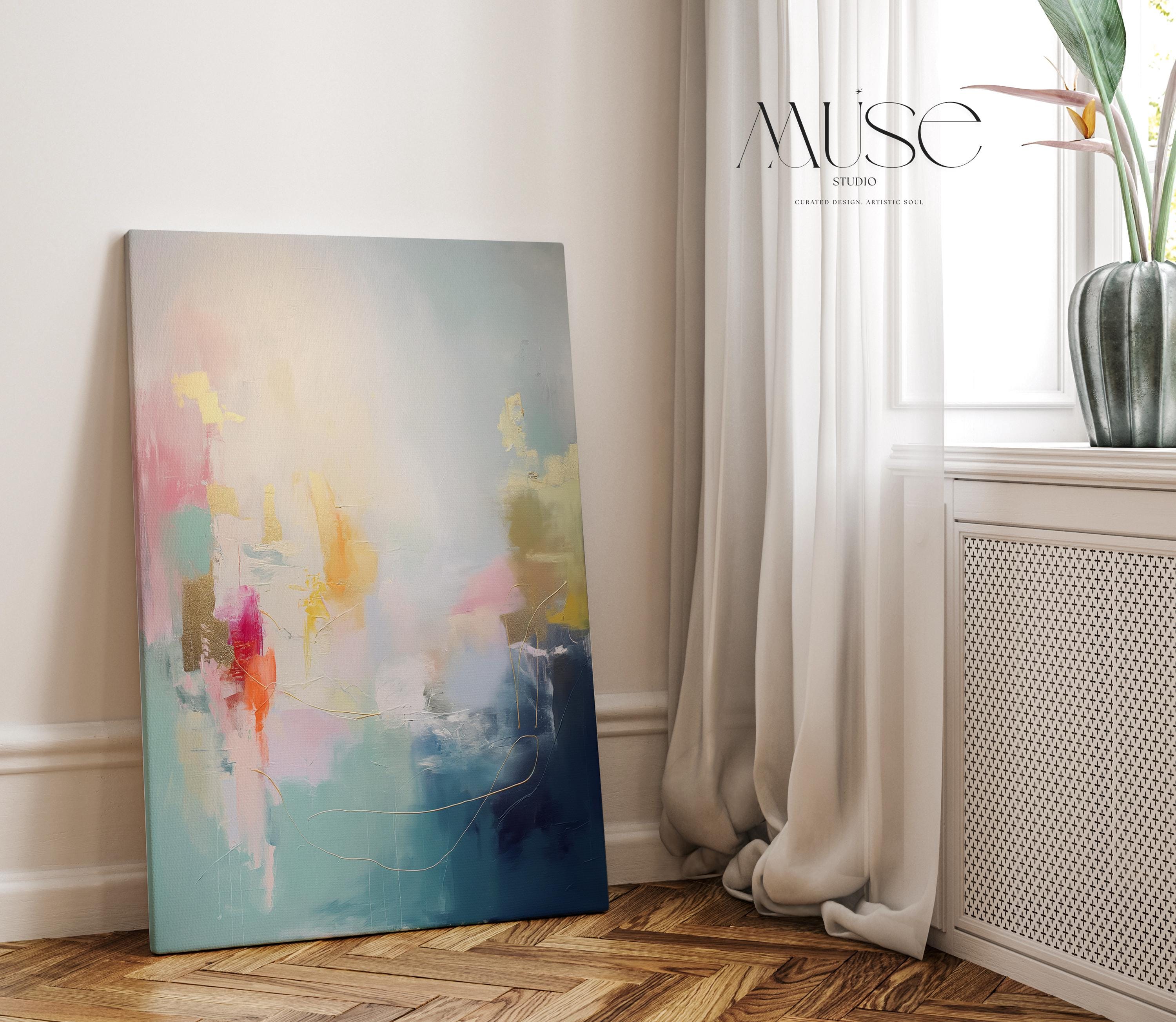 Vertical Canvas Wall Art in Teal, Gold, and Blush Pink, Modern Home Decor for Living Room Office, Large Abstract Statement Artwork 204