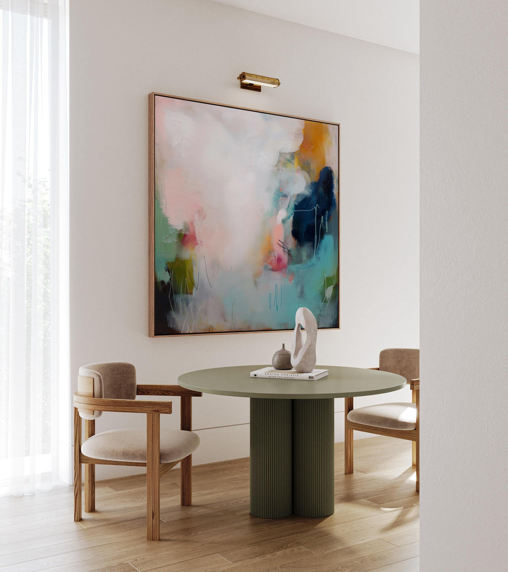 Muted Modern Framed Wall Art Square Abstract Canvas Giclée Print in Teal Pink Cream Soft Minimalist Decor for Bedroom or Office | 429