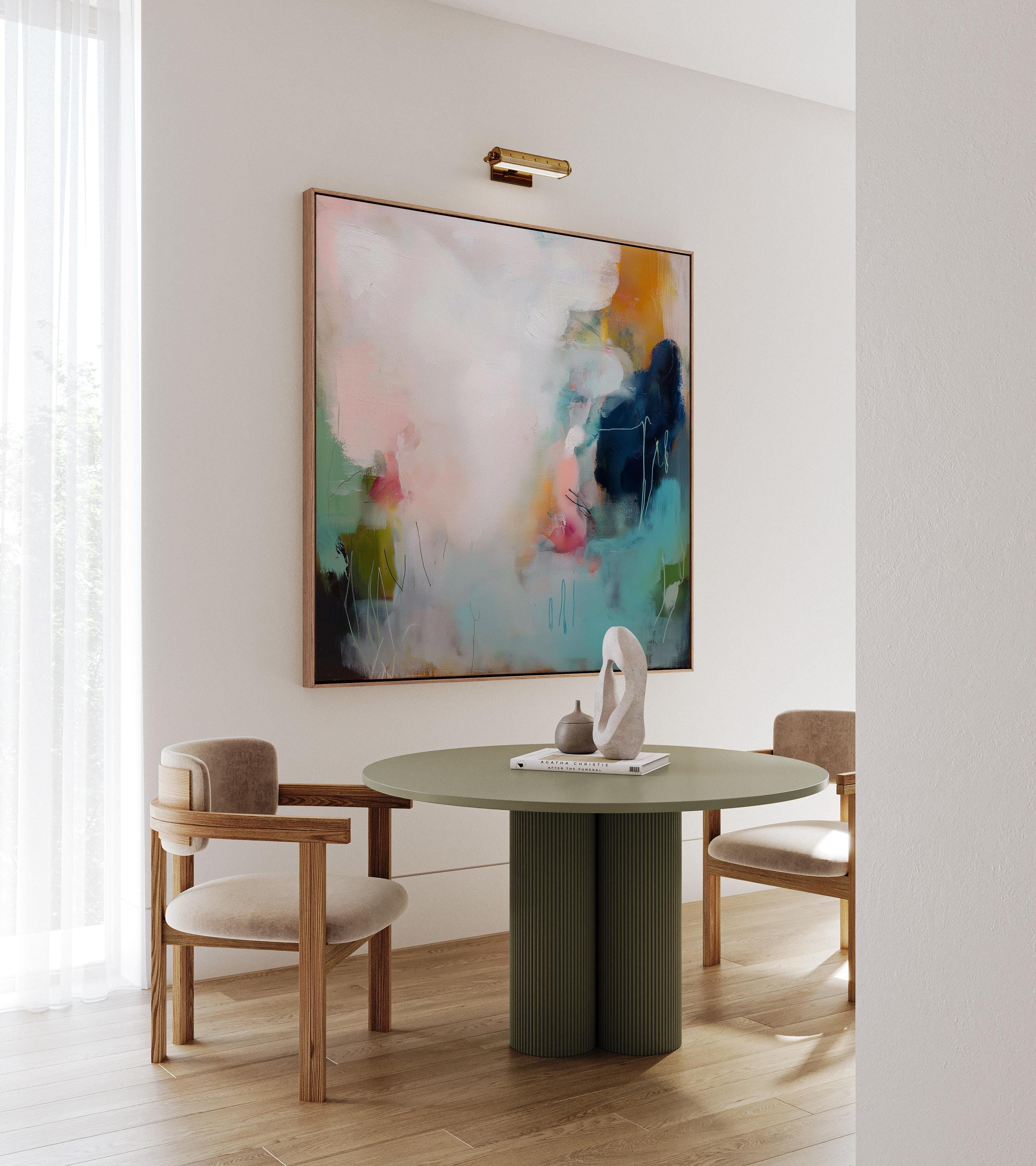 Muted Modern Framed Wall Art Square Abstract Canvas Giclée Print in Teal Pink Cream Soft Minimalist Decor for Bedroom or Office | 429