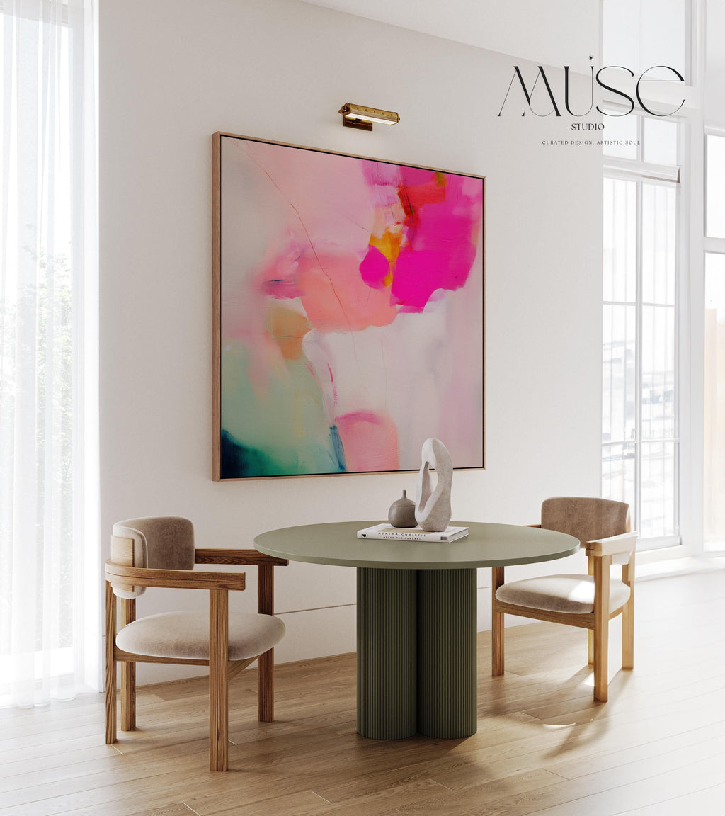 Colorful abstract wall decor styled in a modern neutral home. Large statement wall art displayed in living room, bedroom, or office spaces. Vibrant canvas or giclée decor art adds bold visual impact to contemporary interiors, ideal for home staging, office design, and curated spaces. Muse Studio Decor Art.