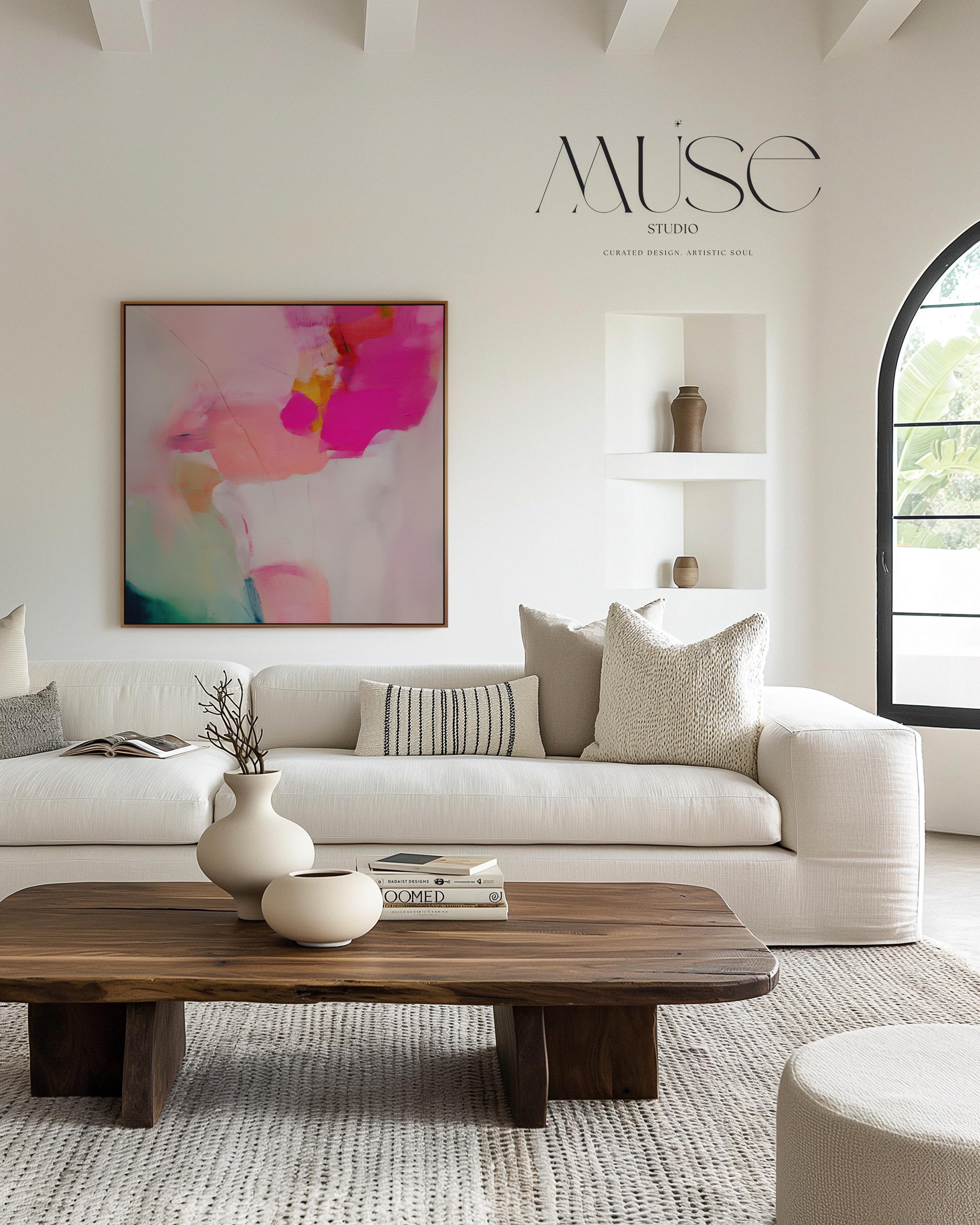 Colorful abstract wall decor styled in a modern neutral home. Large statement wall art displayed in living room, bedroom, or office spaces. Vibrant canvas or giclée decor art adds bold visual impact to contemporary interiors, ideal for home staging, office design, and curated spaces. Muse Studio Decor Art.