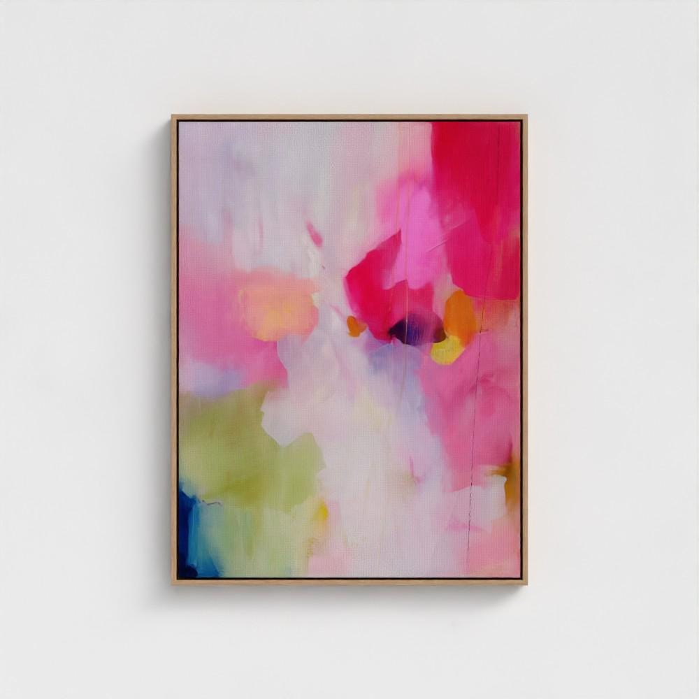 Soft Contemporary Framed Wall Art Vertical Abstract Canvas Giclée Print in Pink Soft Green Modern Art for Office or Bedroom Decor | 434 Colorful abstract wall art on framed canvas, perfect for bold decor art and modern wall decor. Large statement piece with expressive brushstrokes and rich textures. Ready-to-hang giclée canvas designed to energize living rooms, offices, and curated interiors. Muse Studio Decor Art.