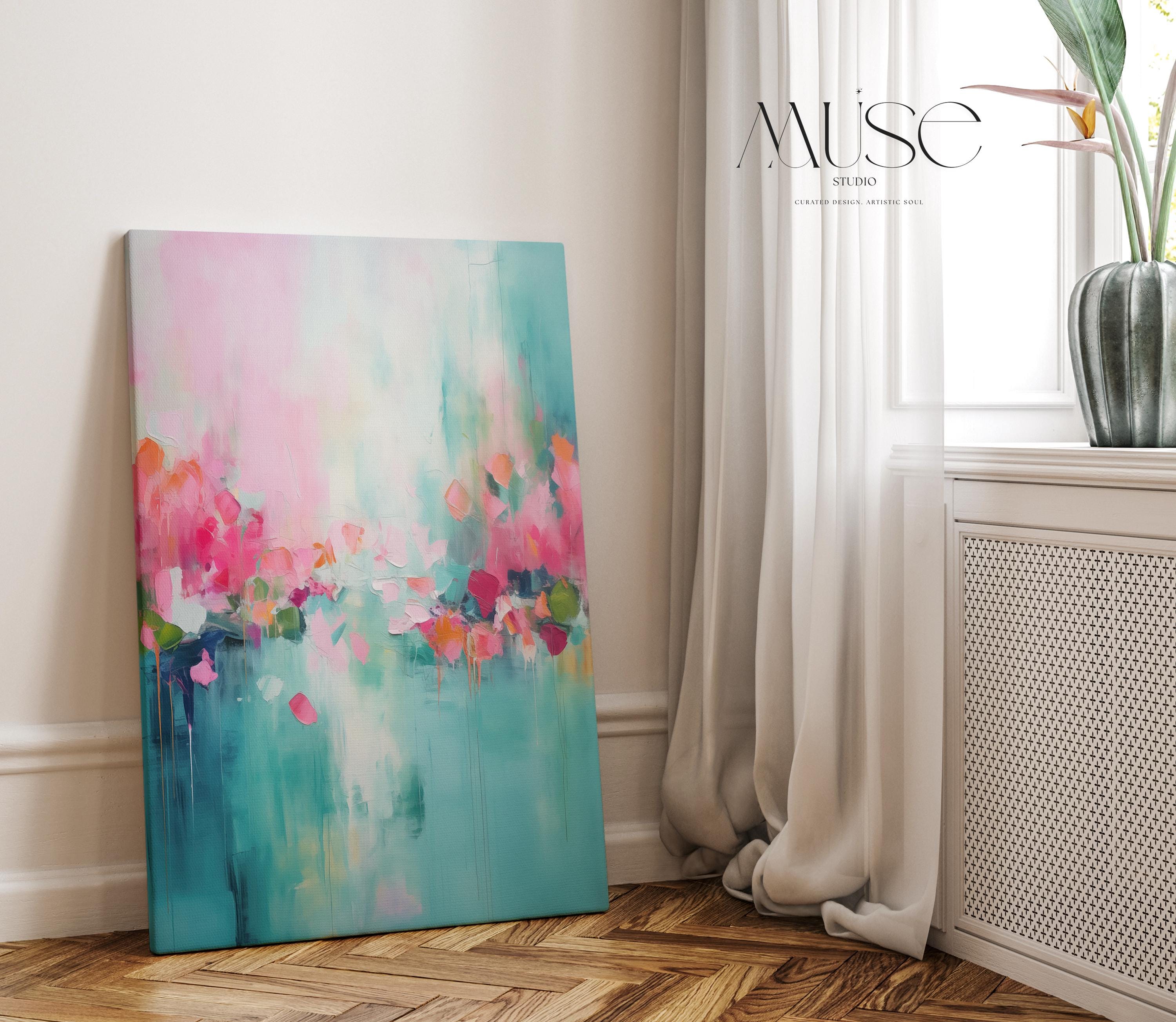 Vertical Abstract Canvas Art Soft Floral Abstract Pink Teal and Coral, Large Wall Decor Statement Art for Colorful Home Styling 206A