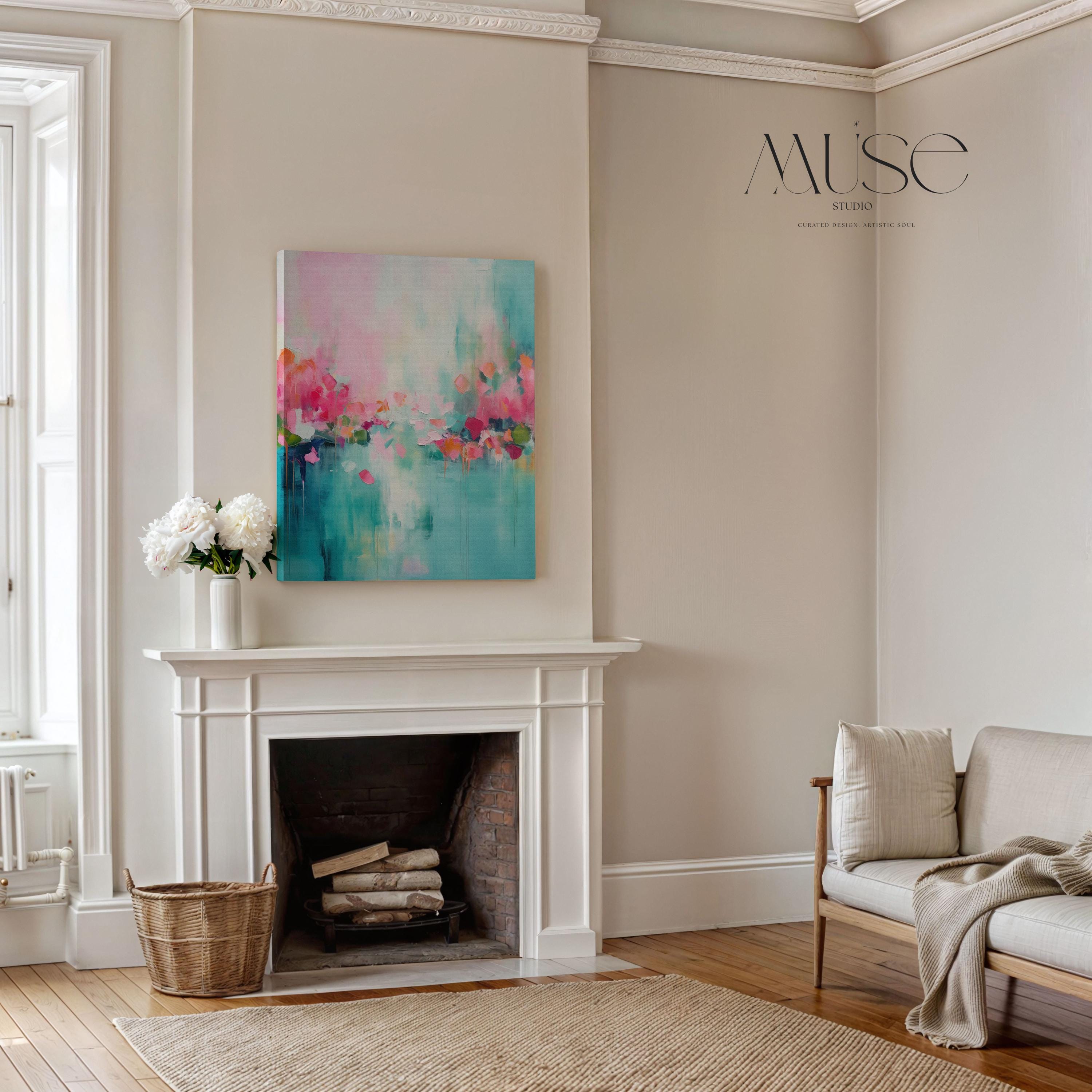 Vertical Abstract Canvas Art Soft Floral Abstract Pink Teal and Coral, Large Wall Decor Statement Art for Colorful Home Styling 206A